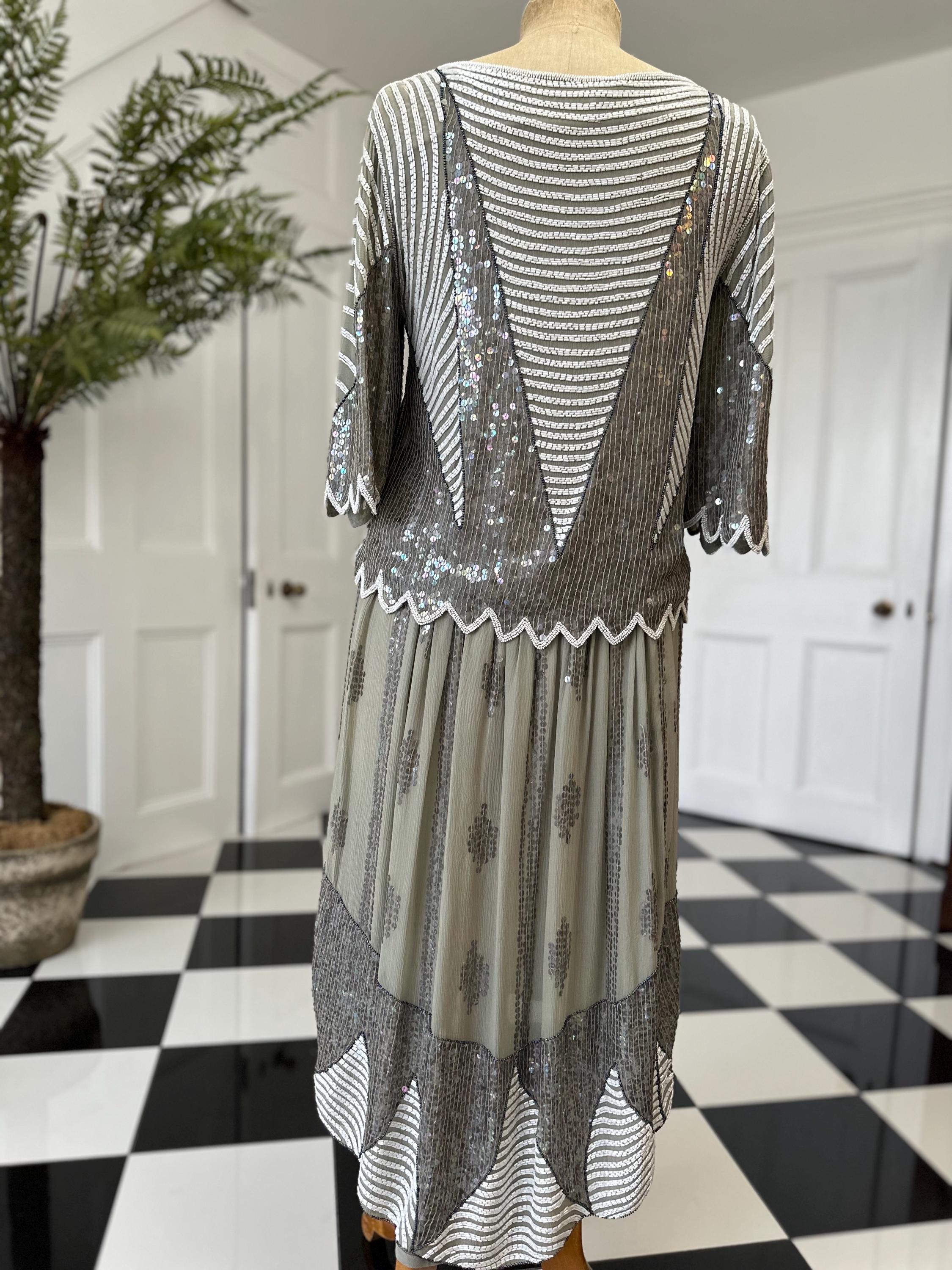 Vintage sage green and white sequin top and skirt