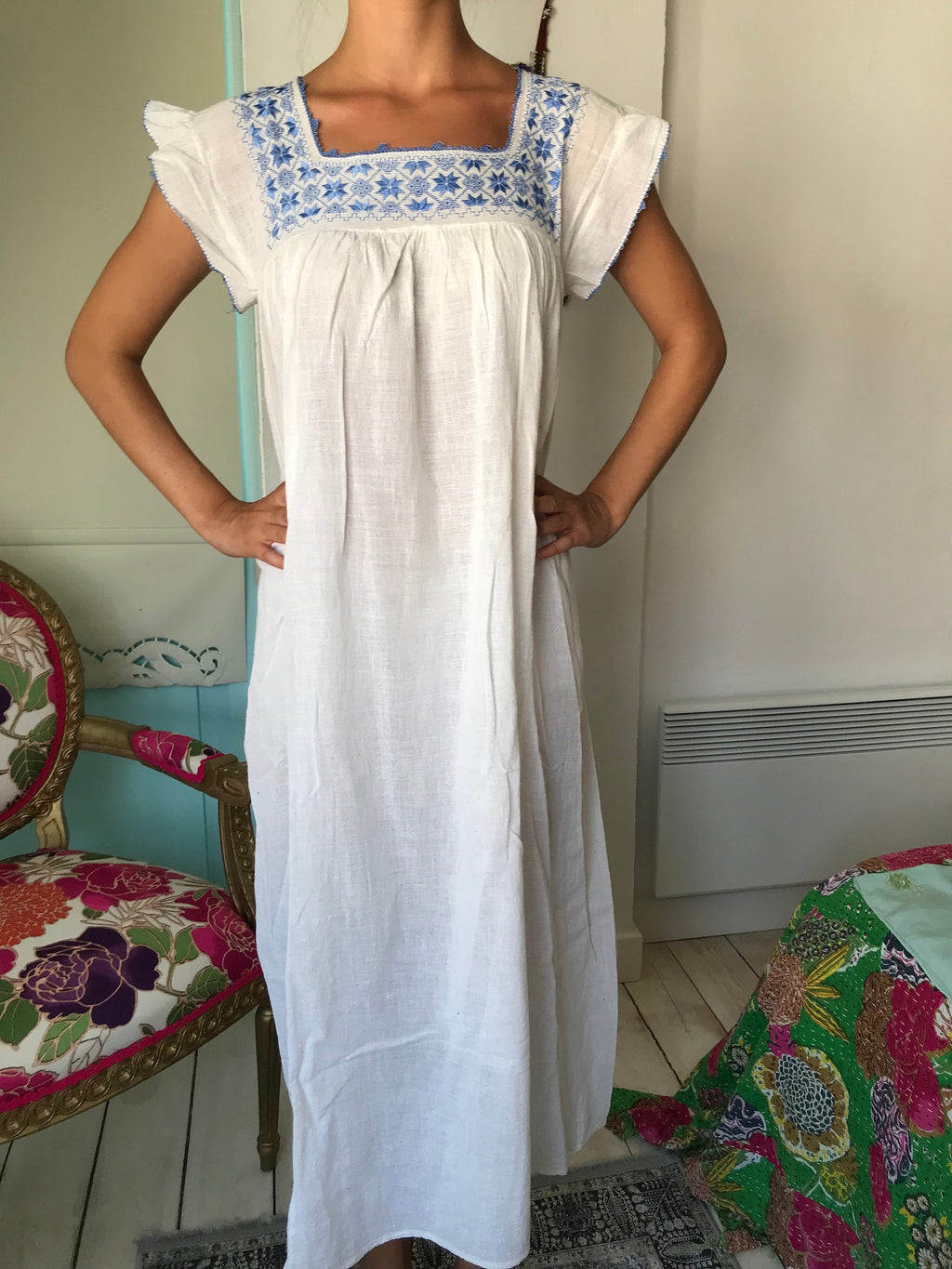 1970s hand loomed muslin dress with hand embroidered smock style