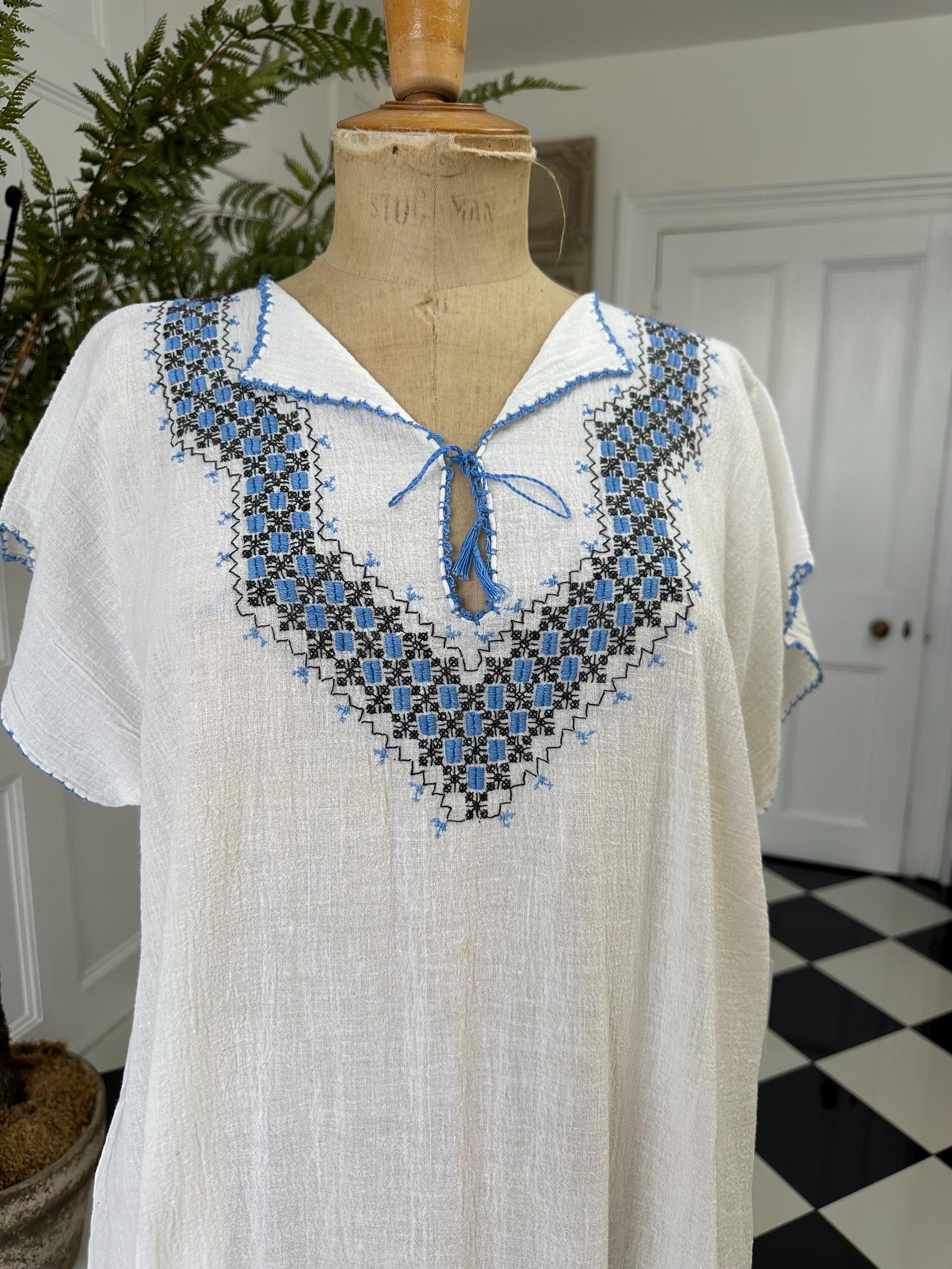 1970s hand loomed boho style  muslin dress with hand embroidered to the front