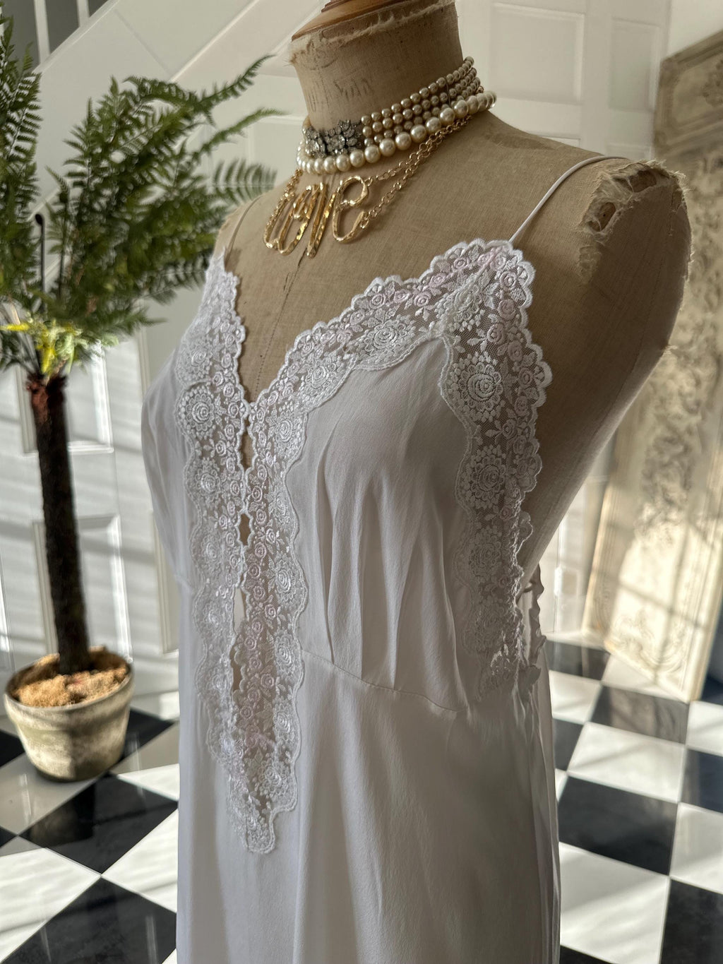 Vintage 1970s  White Silky Slip Gown | Deep V Floral Lace Inset Bridal Nightgown