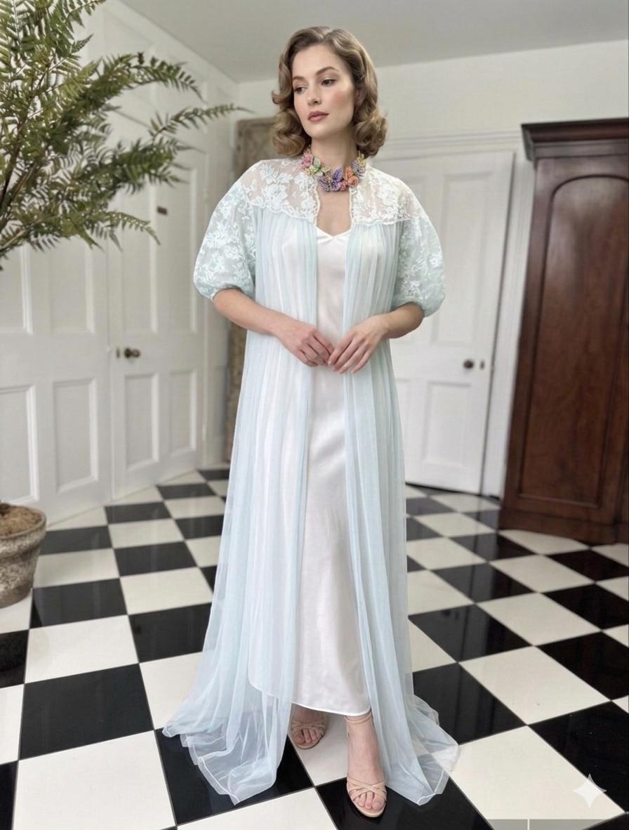 1970s Pale Blue Sheer Peignoir with Pleated Skirt and Lace Top