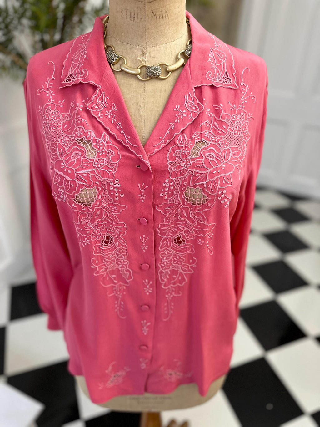 Vintage rose pink hand embroidery long sleeve blouse  large Uk 14 to Uk 16