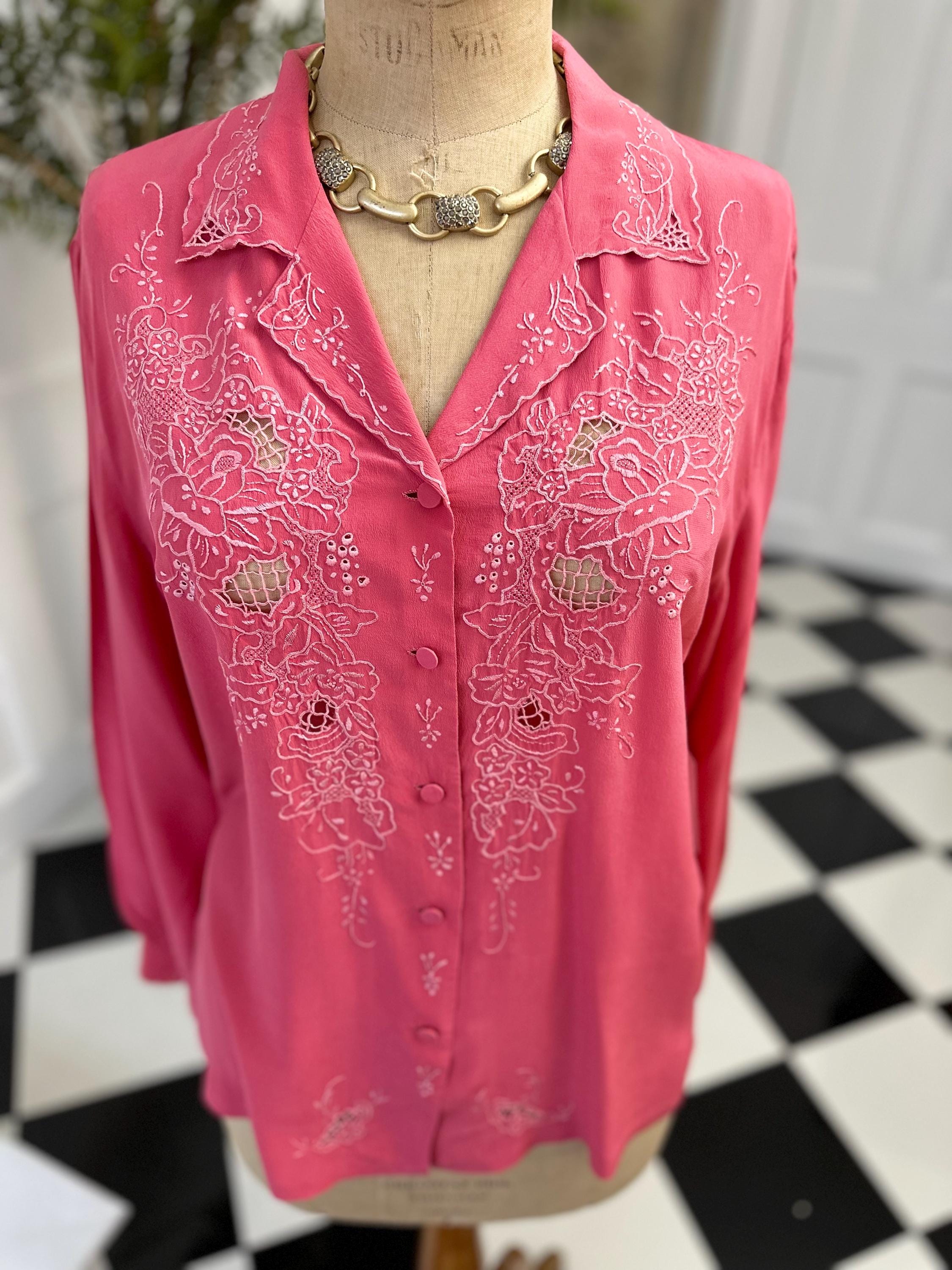 Vintage rose pink hand embroidery long sleeve blouse  large Uk 14 to Uk 16