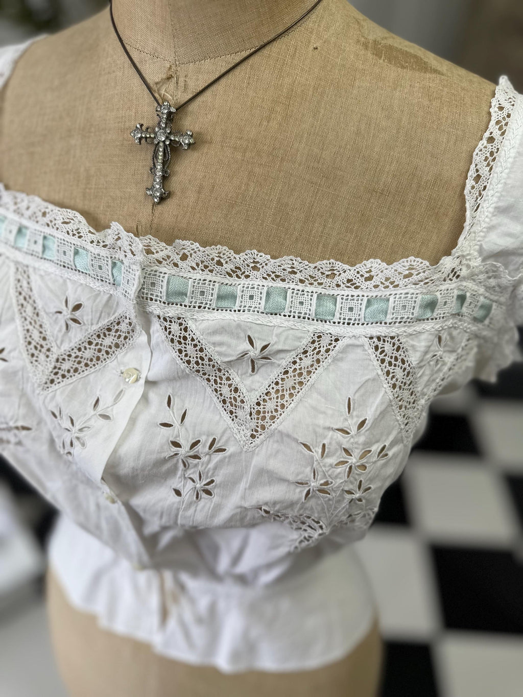 Elegant Victorian Edwardian Lace and Cotton Corset Cover monogram FM