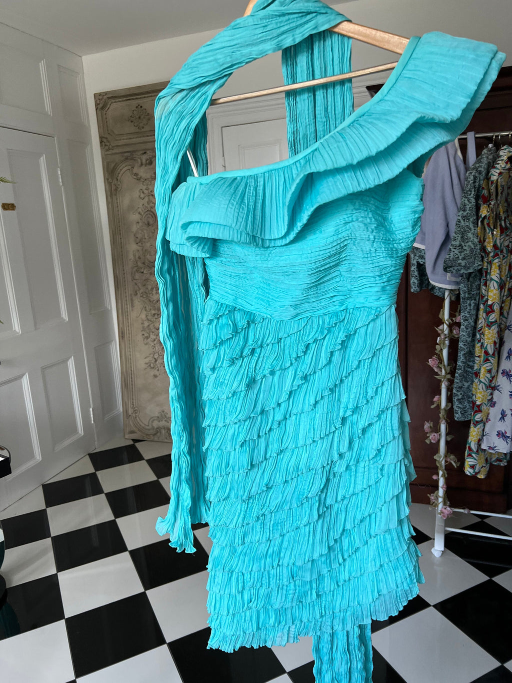 Sexy one sleeve off the shoulder ruched turquoise Cocktail dress by Pronovias