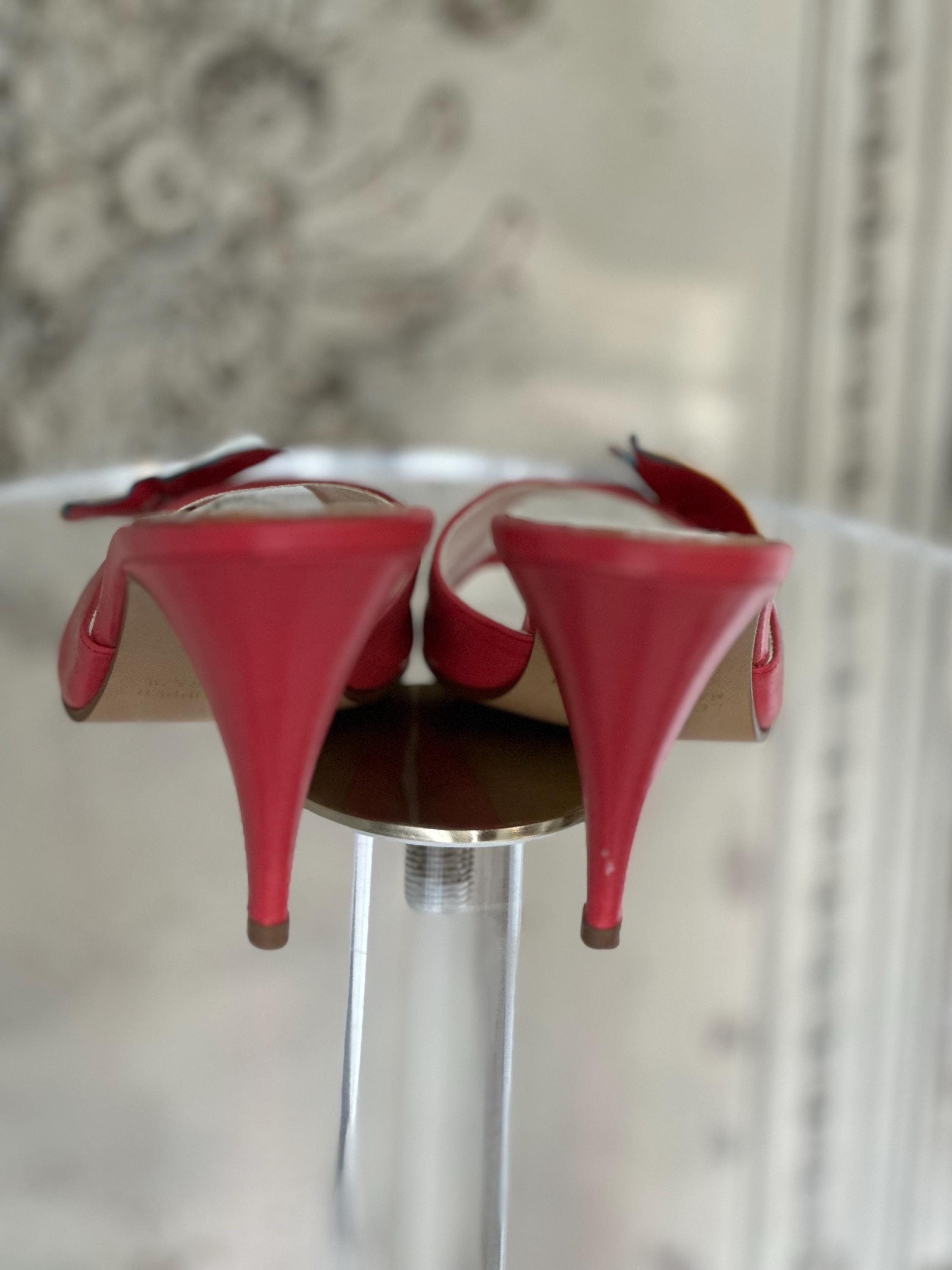Vintage 70s Red Leather Heeled Slippers with 3D Flower - UK 4 (37)