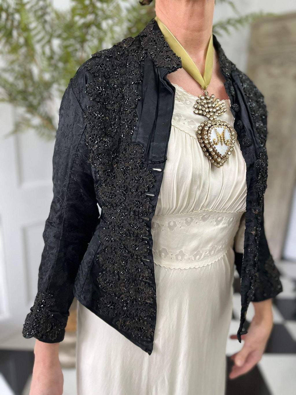 Exquisite Victorian Black Silk Bodice – Heavy Jet Beaded Embellishments long sleeve