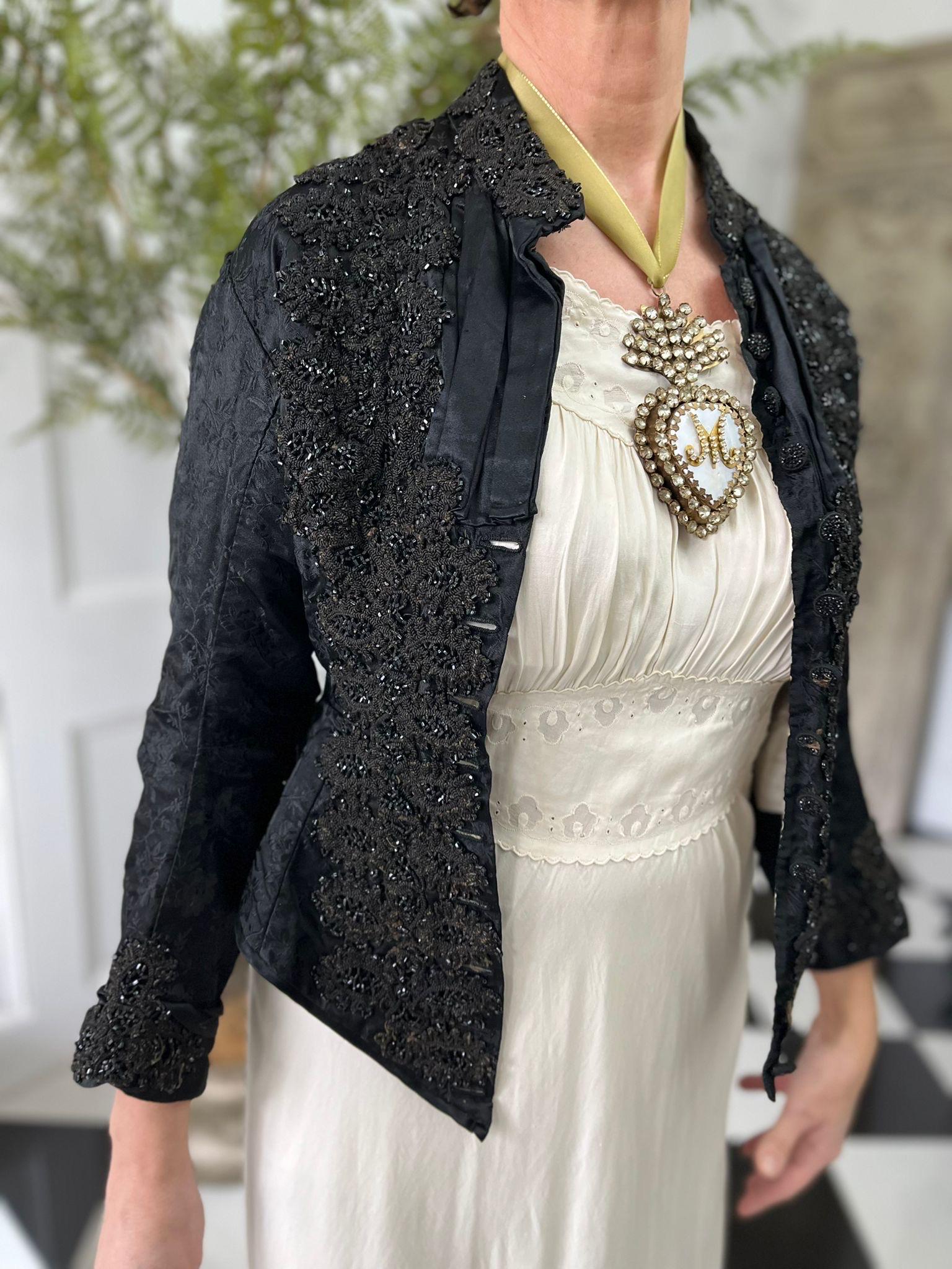 Exquisite Victorian Black Silk Bodice – Heavy Jet Beaded Embellishments long sleeve