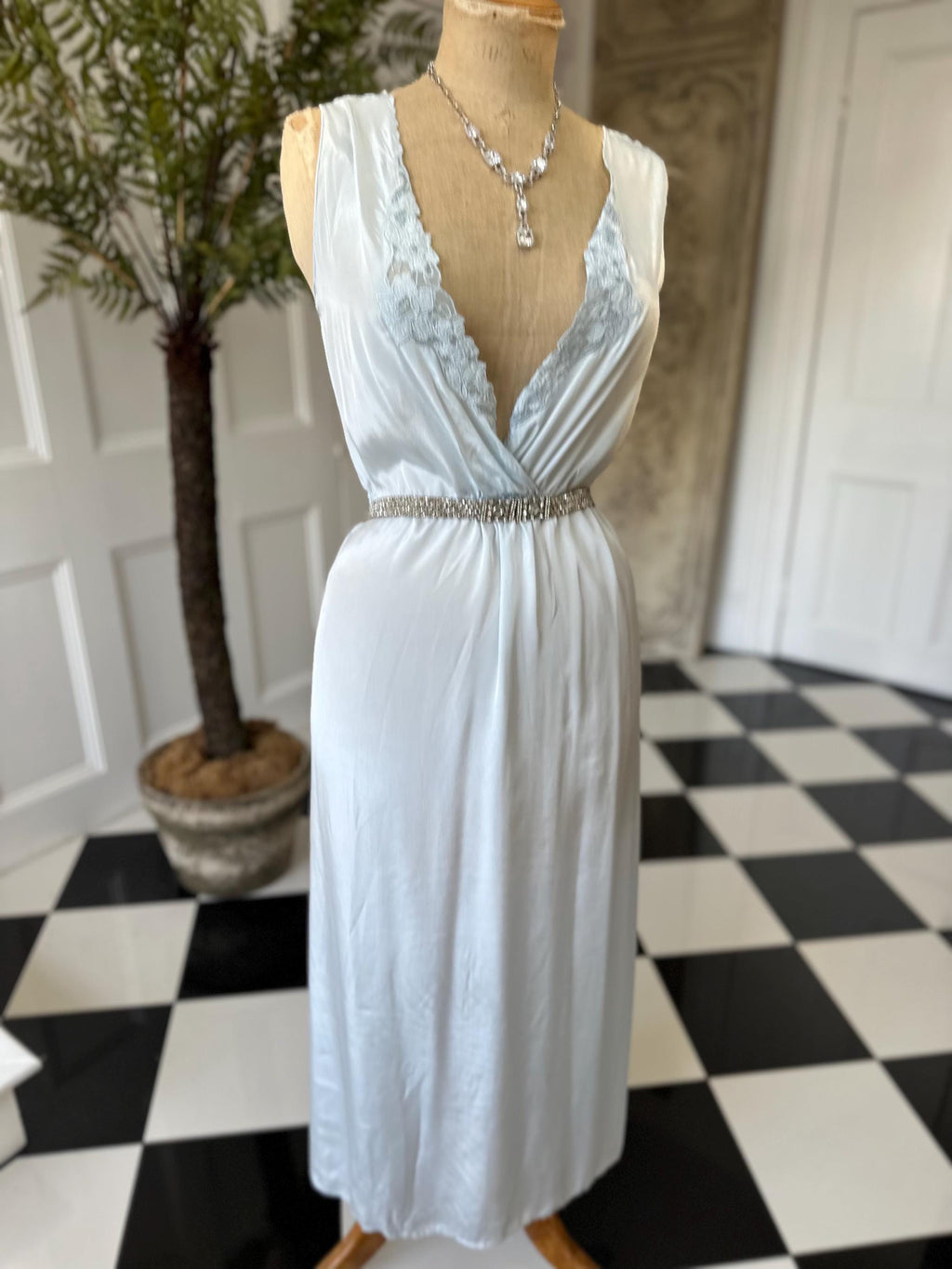 Sexy 1980s long slip dress in pale blue