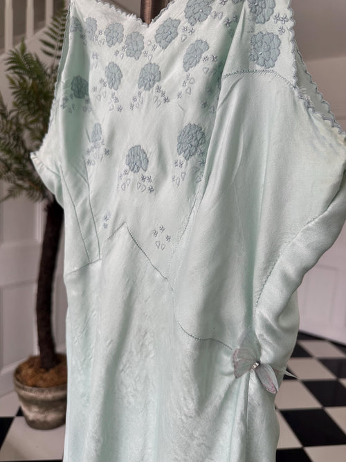 1940 Pale blue slip dress hand embroidery details