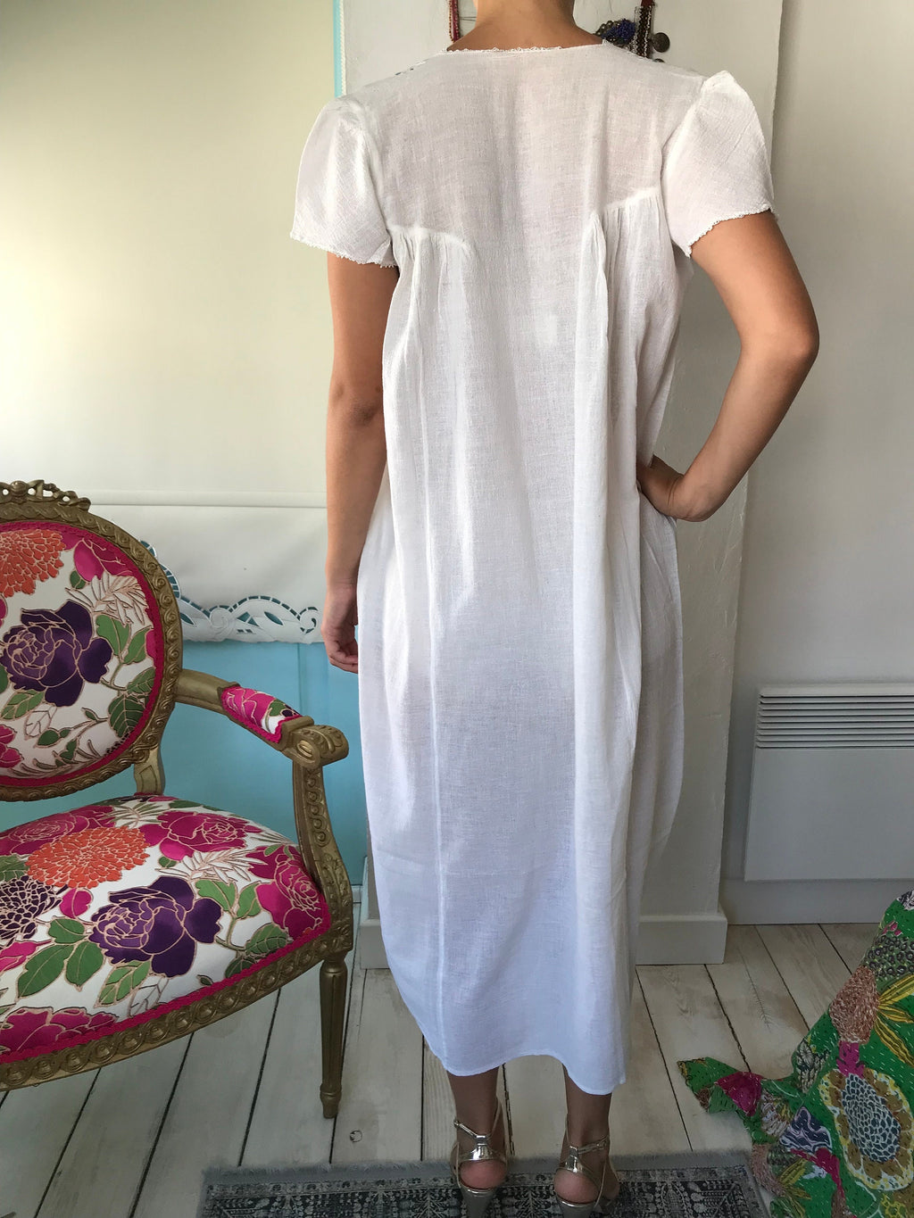 1970s hand loomed cotton muslin  hand embroidered smock dress