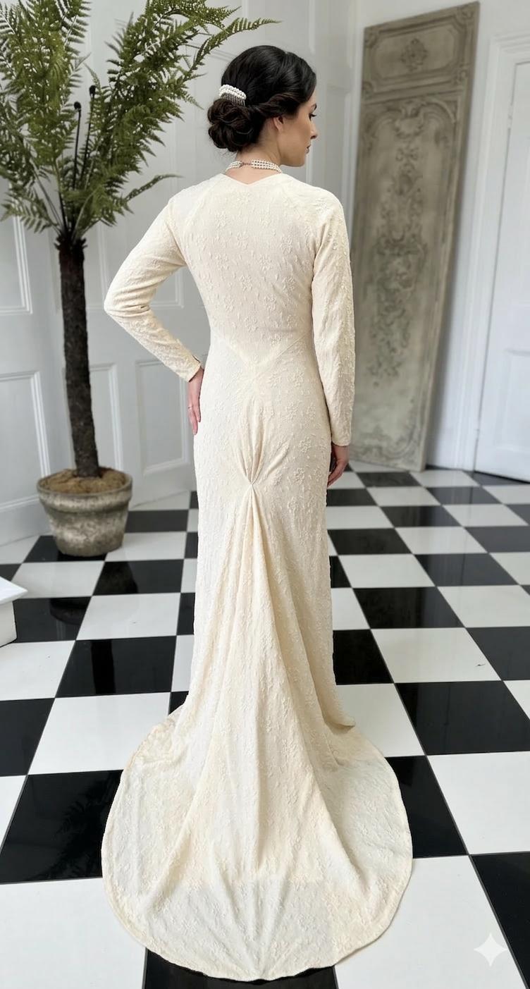 1930s Vintage bias cut wedding dress in peachy cream dress