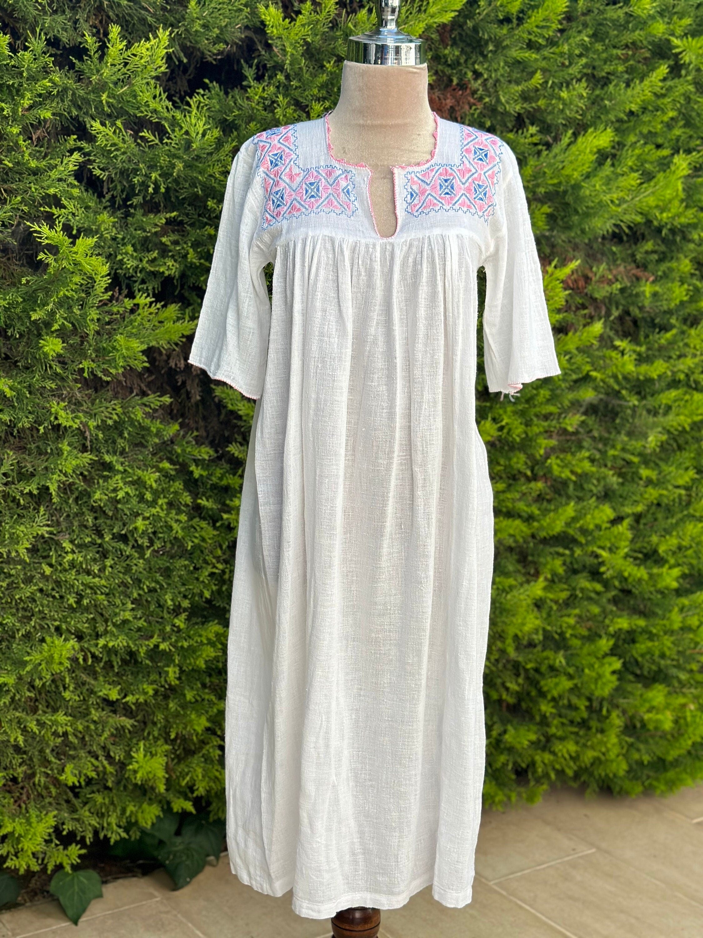 1940s Hand Embroidered Cotton Dress: Vintage Needlework Lace Trim