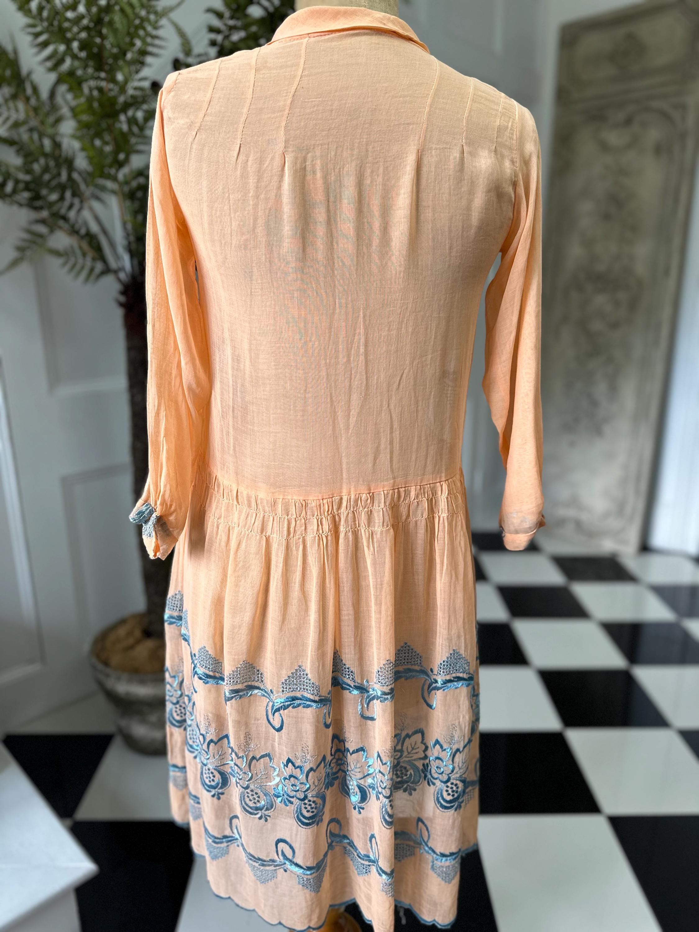 1920s day dress in Peach muslin with silk floss embroidery