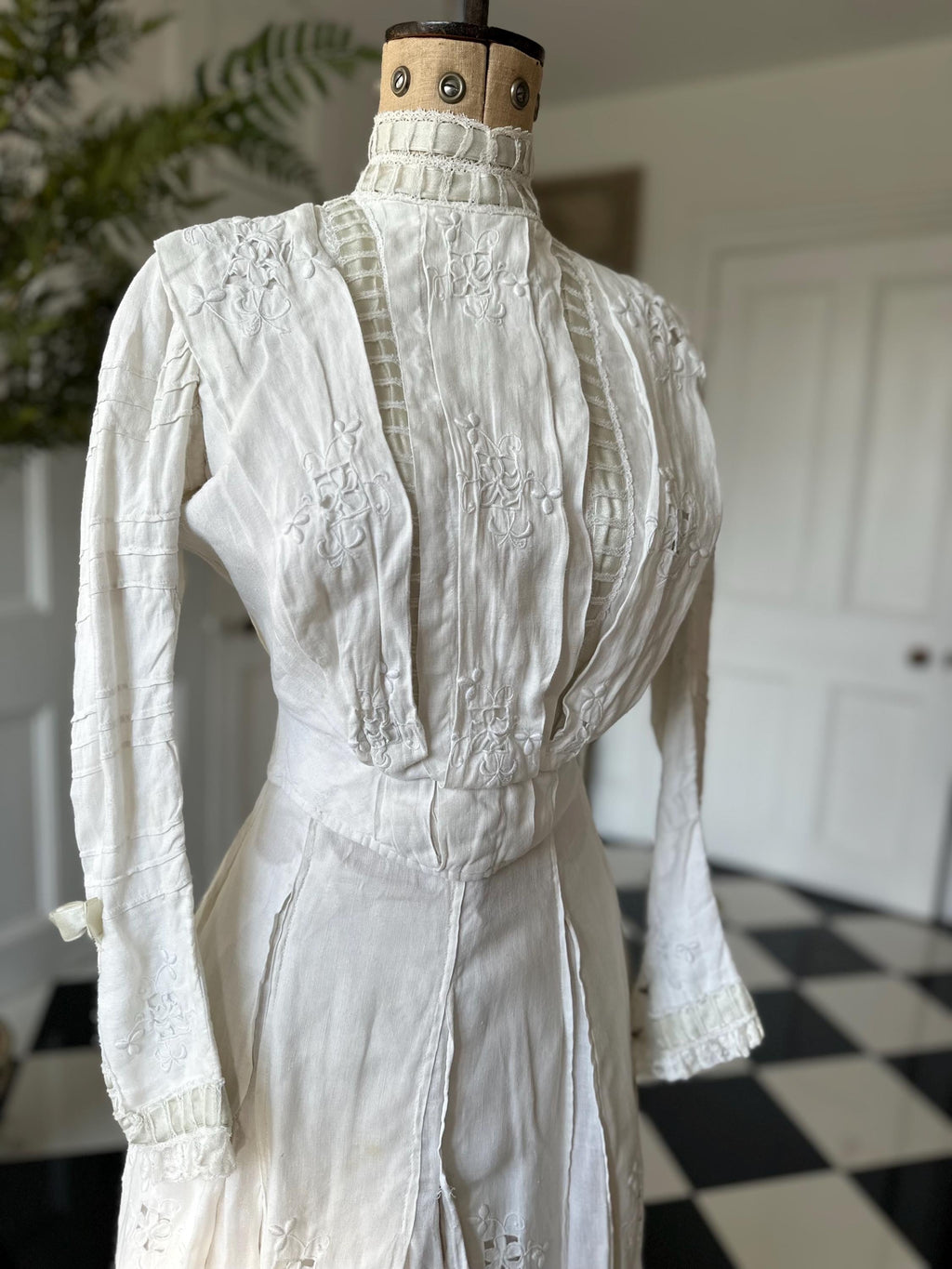 Edwardian linen  lawn dress hand embroidered skirt and bodice with silk ribbon