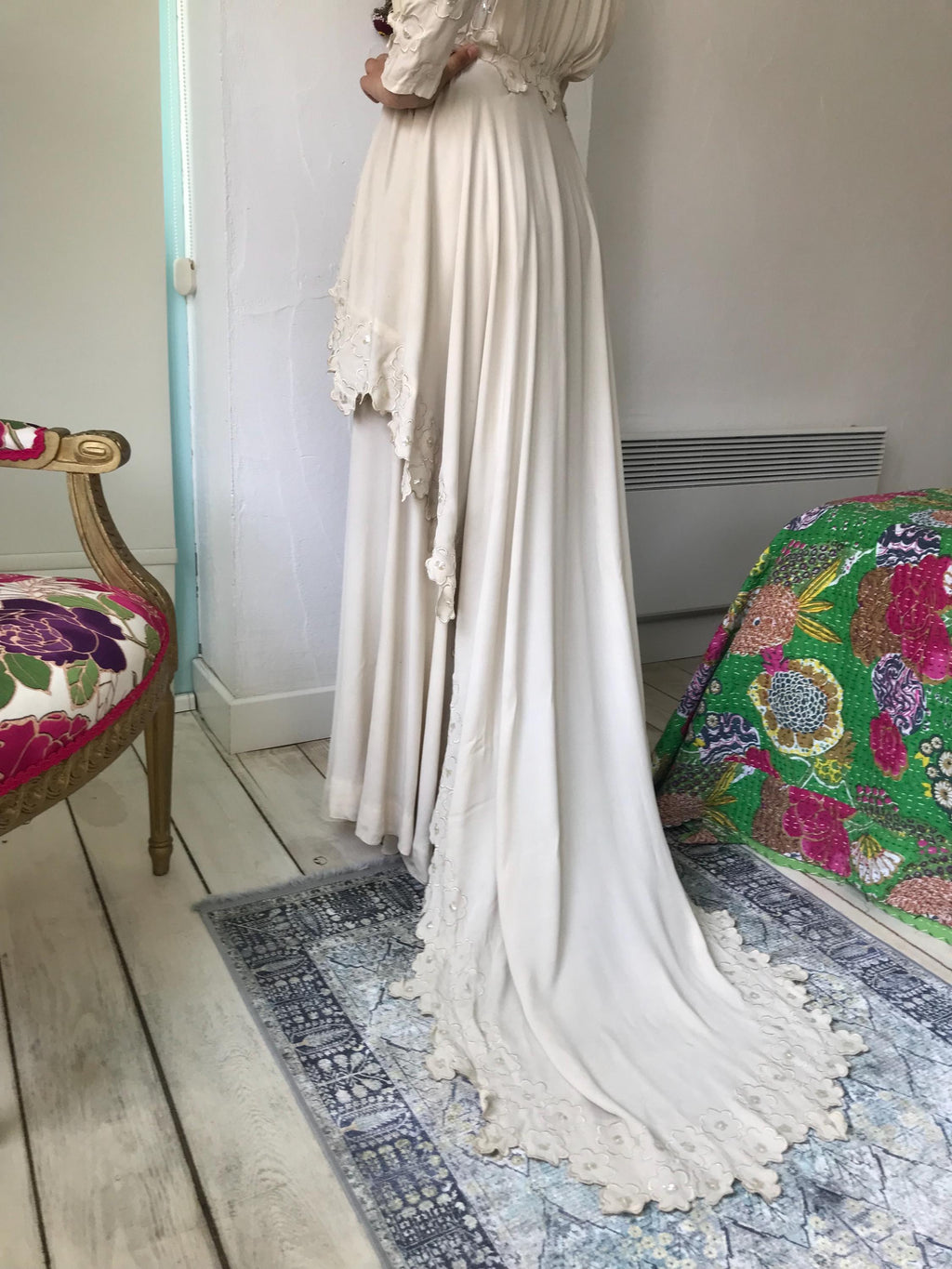 1940s Vintage Cream Georgette Wedding Dress with Floral Embroidery