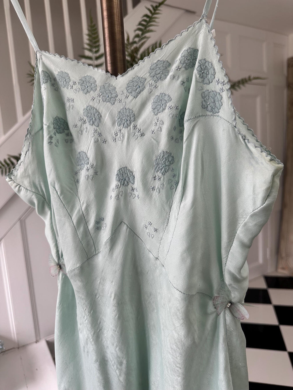 1940 Pale blue slip dress hand embroidery details