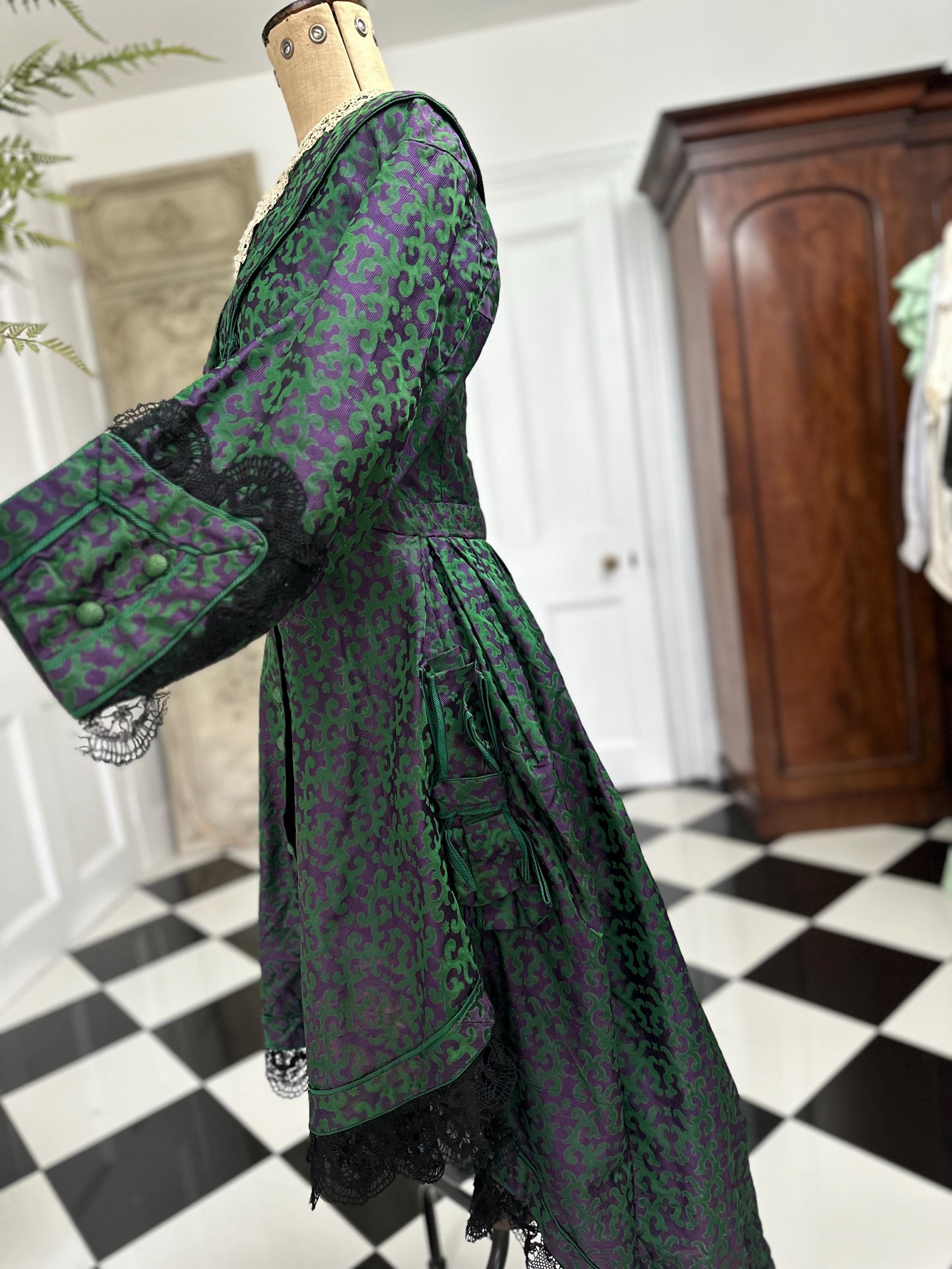 Victorian coat Long Back Short Front with Bobbin Lace Trimming and Bows