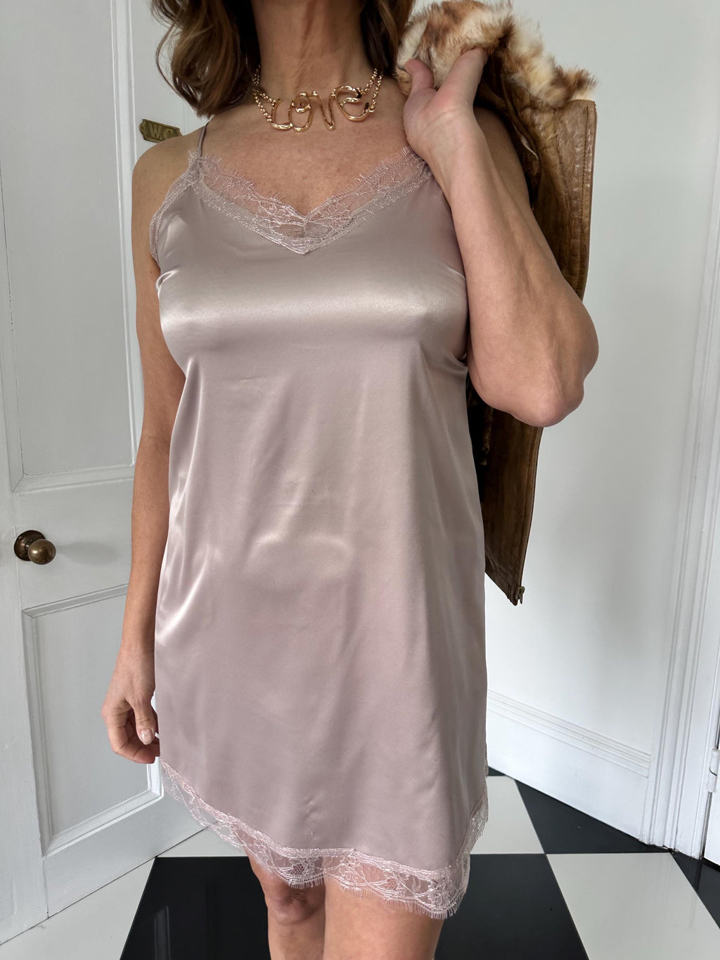 Vintage silk satin slip dress with eyelash lace trim dusty rose mauve lingerie slip