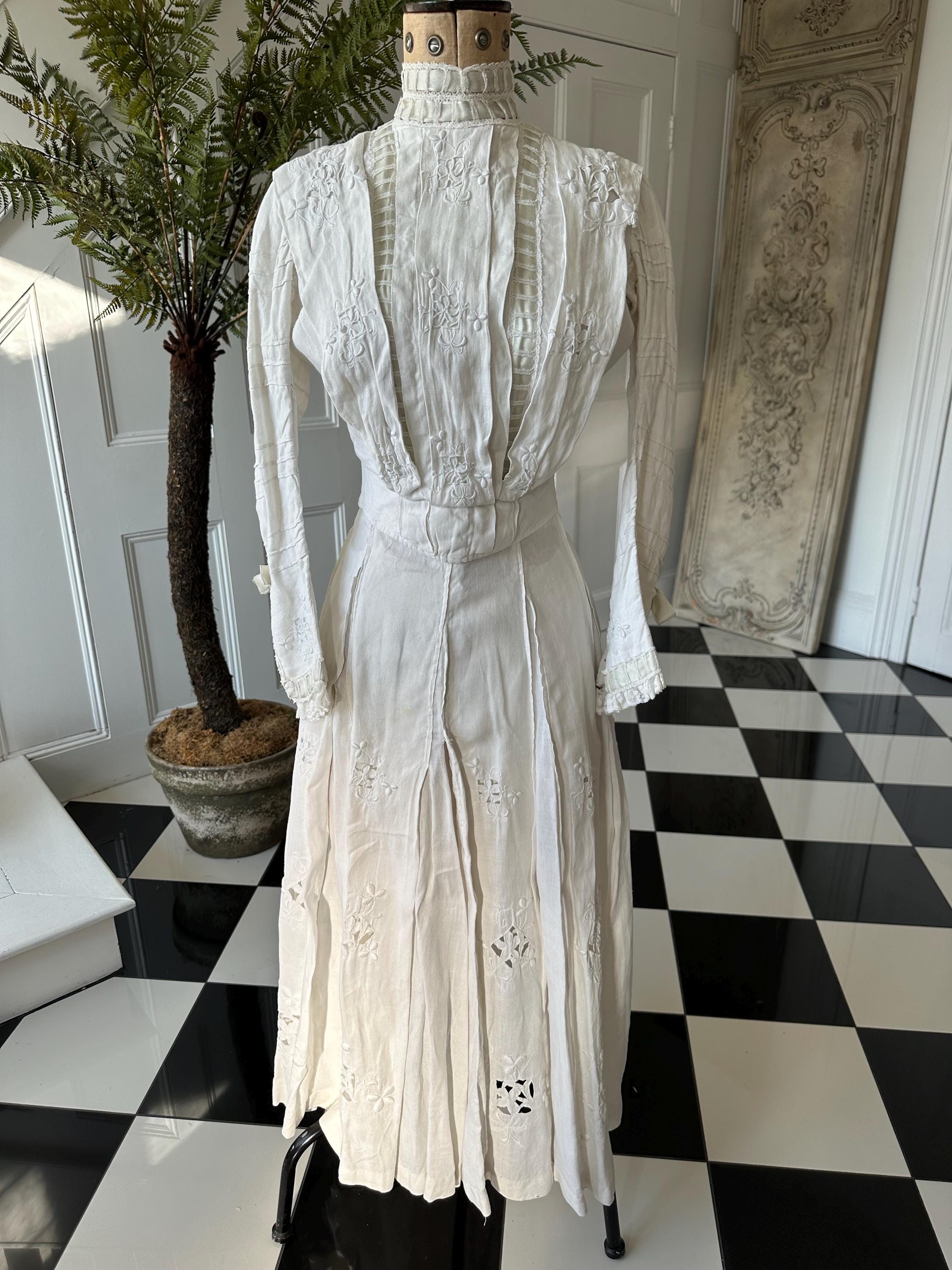 Edwardian linen  lawn dress hand embroidered skirt and bodice with silk ribbon