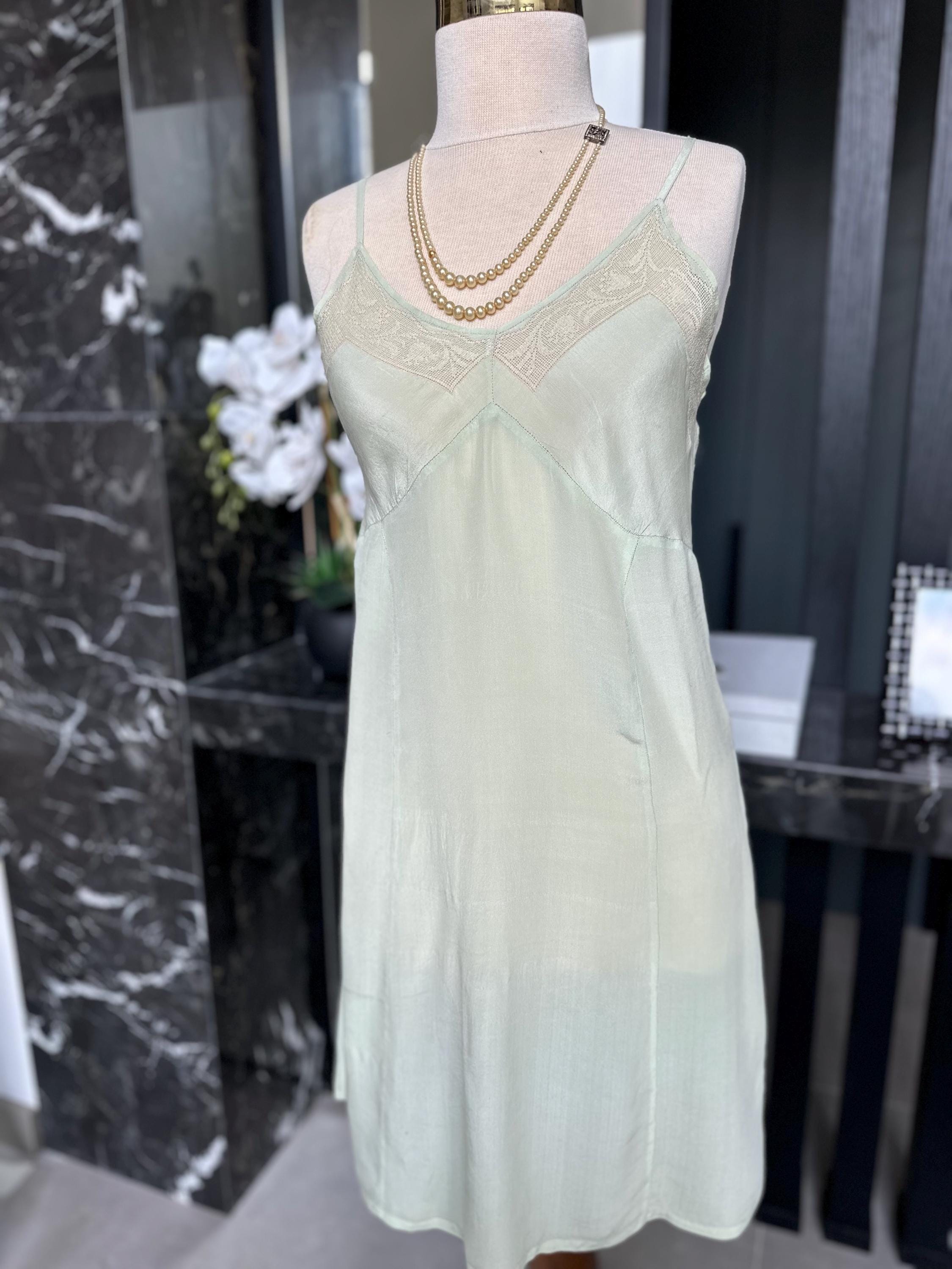 Antique 1930s Mint Green Silk Slip – Authentic Lace Inset Bias-Cut Dress