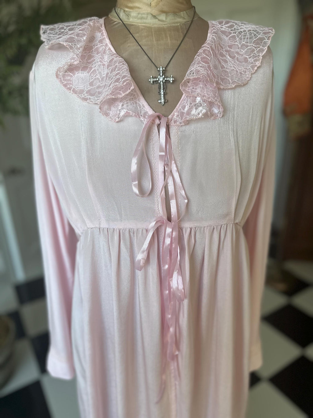 1970s Pink silky and lace long gown house coat