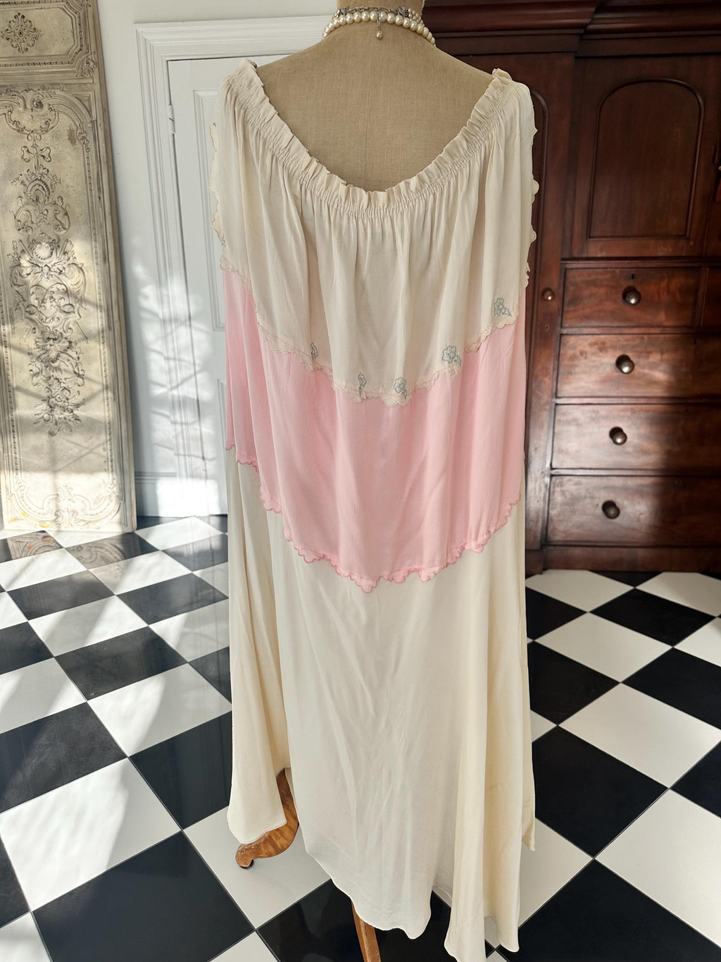 1930s Two-Tone Silk Gown: Pink, Cream, Hand-Embroidered, Scalloped Maxi Dress