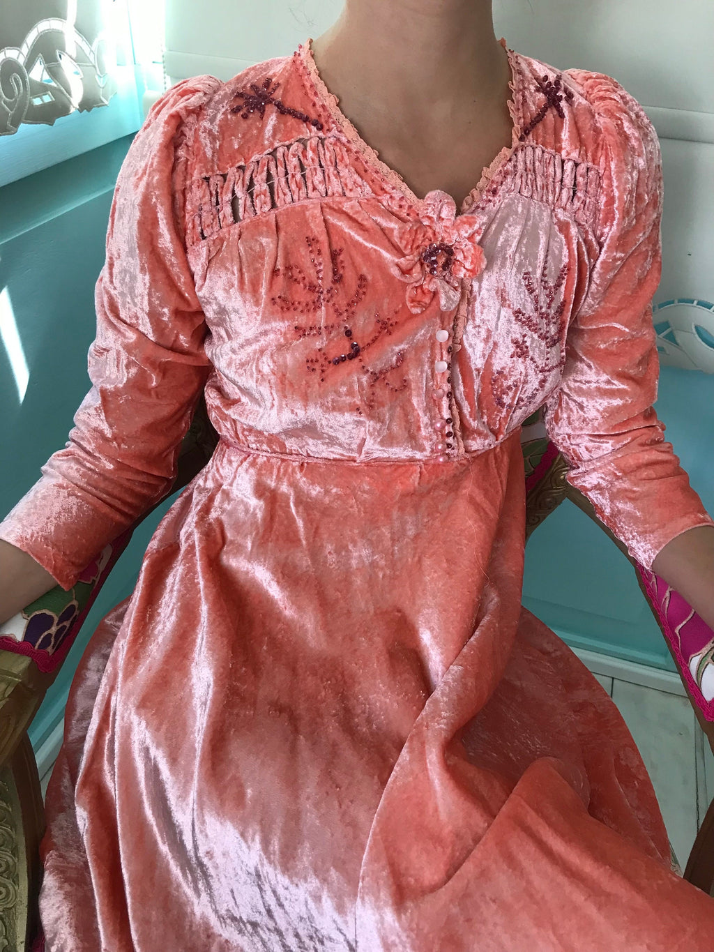 1940s Peach silk velvet dress