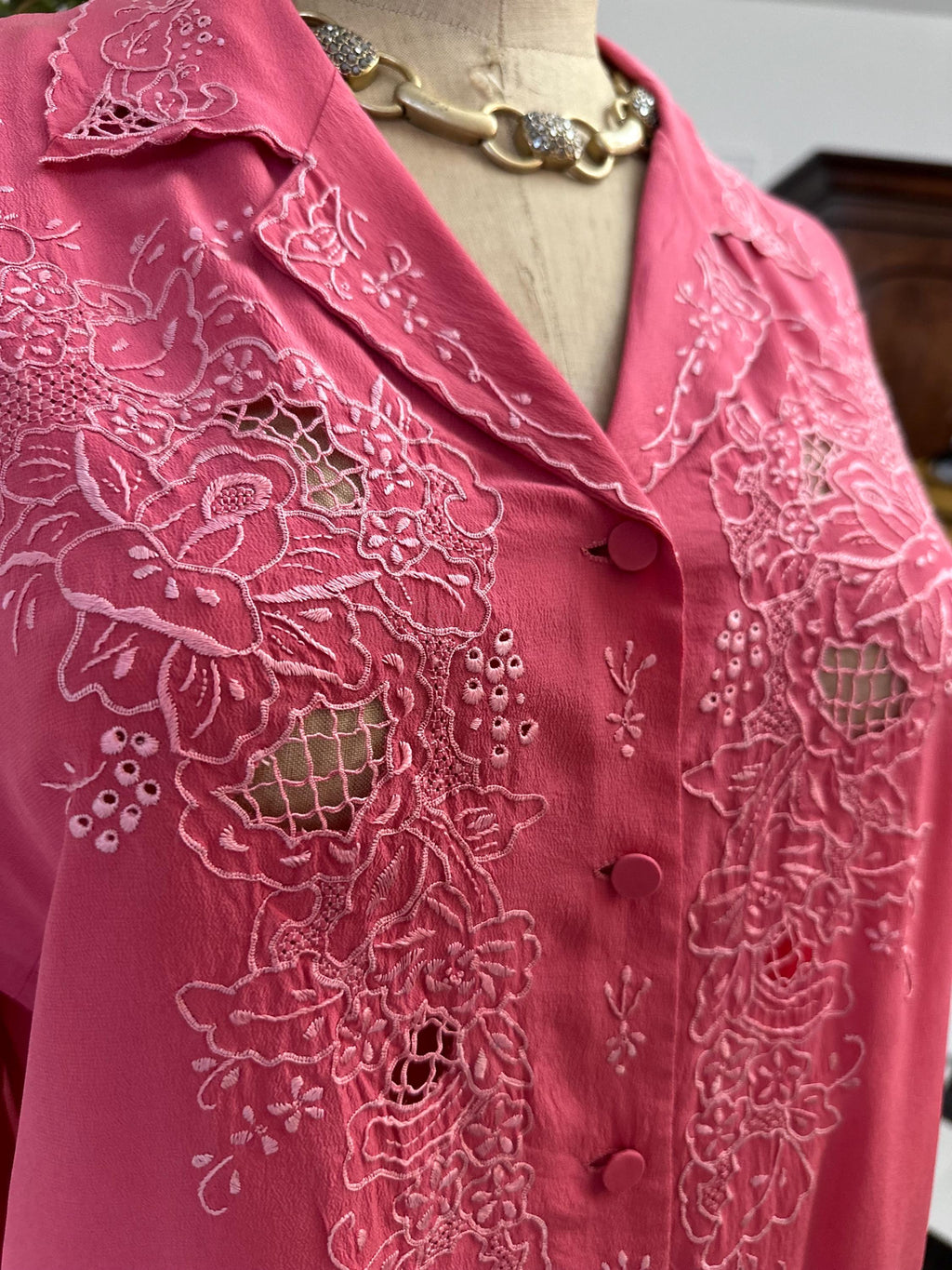 Vintage rose pink hand embroidery long sleeve blouse  large Uk 14 to Uk 16