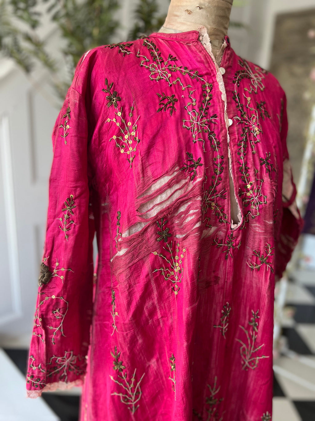 Antique Ottoman Silk Bindalli Dress: Hot Pink Zardozi Embroidery