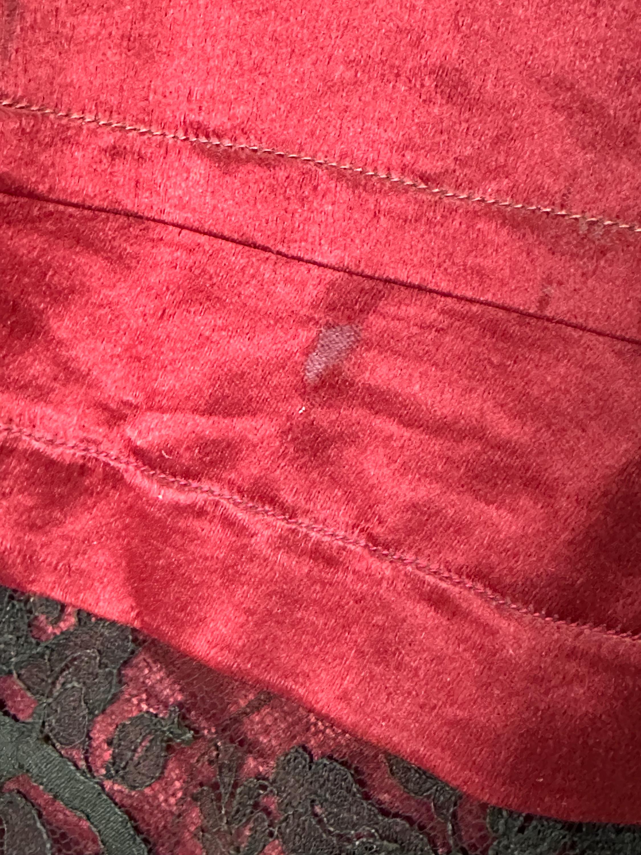 Victorian Dark Red Silk Satin Skirt  Elegant Black Lace Flounce