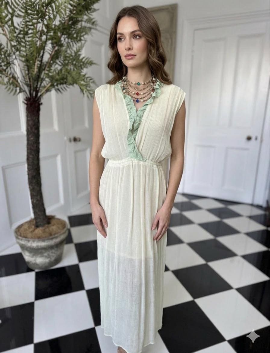 1970s plunge neckline dress in silk crepe  and lace in pale green