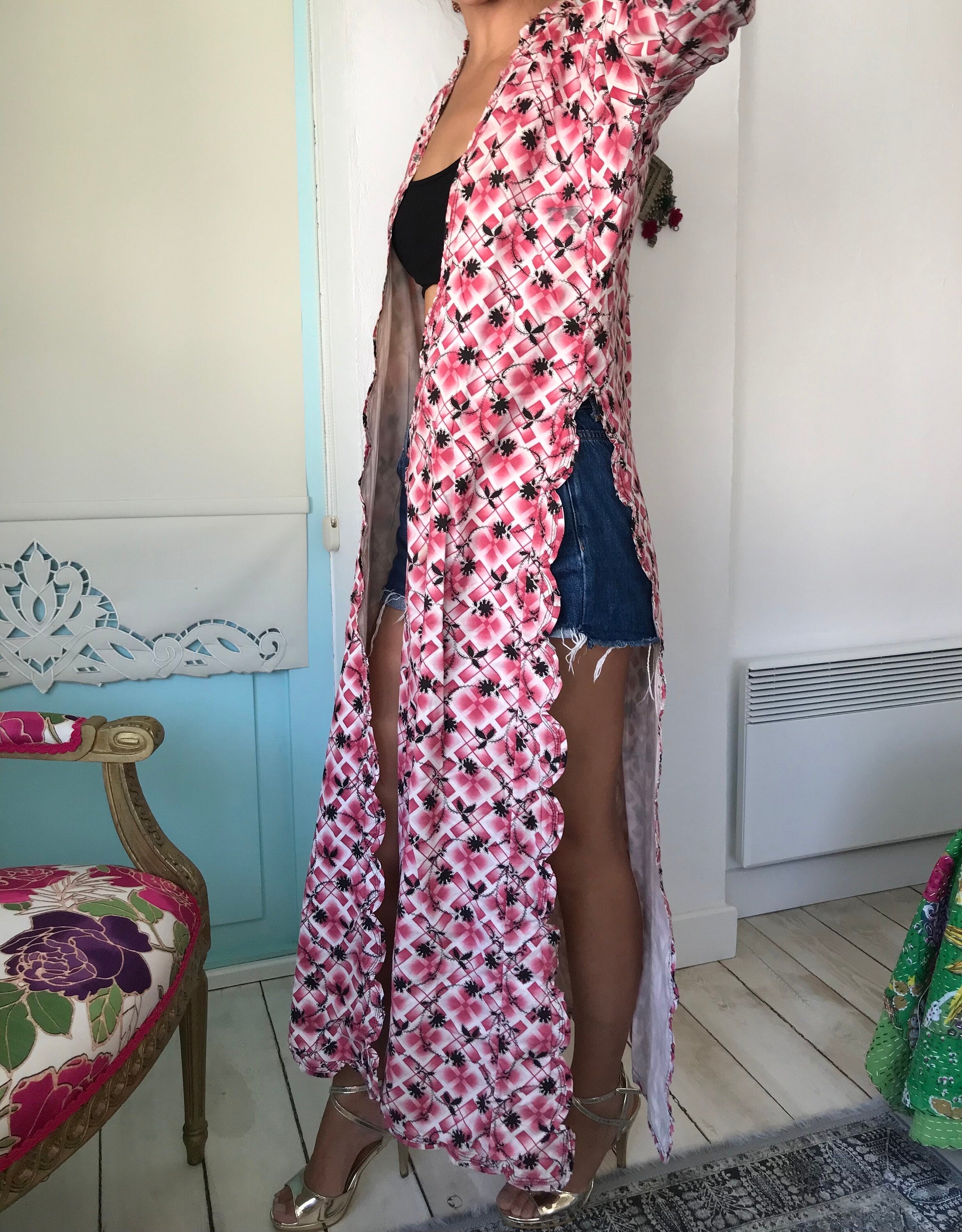 1920s Floral Cotton Kimono Robe: Turkish Style Long Coat
