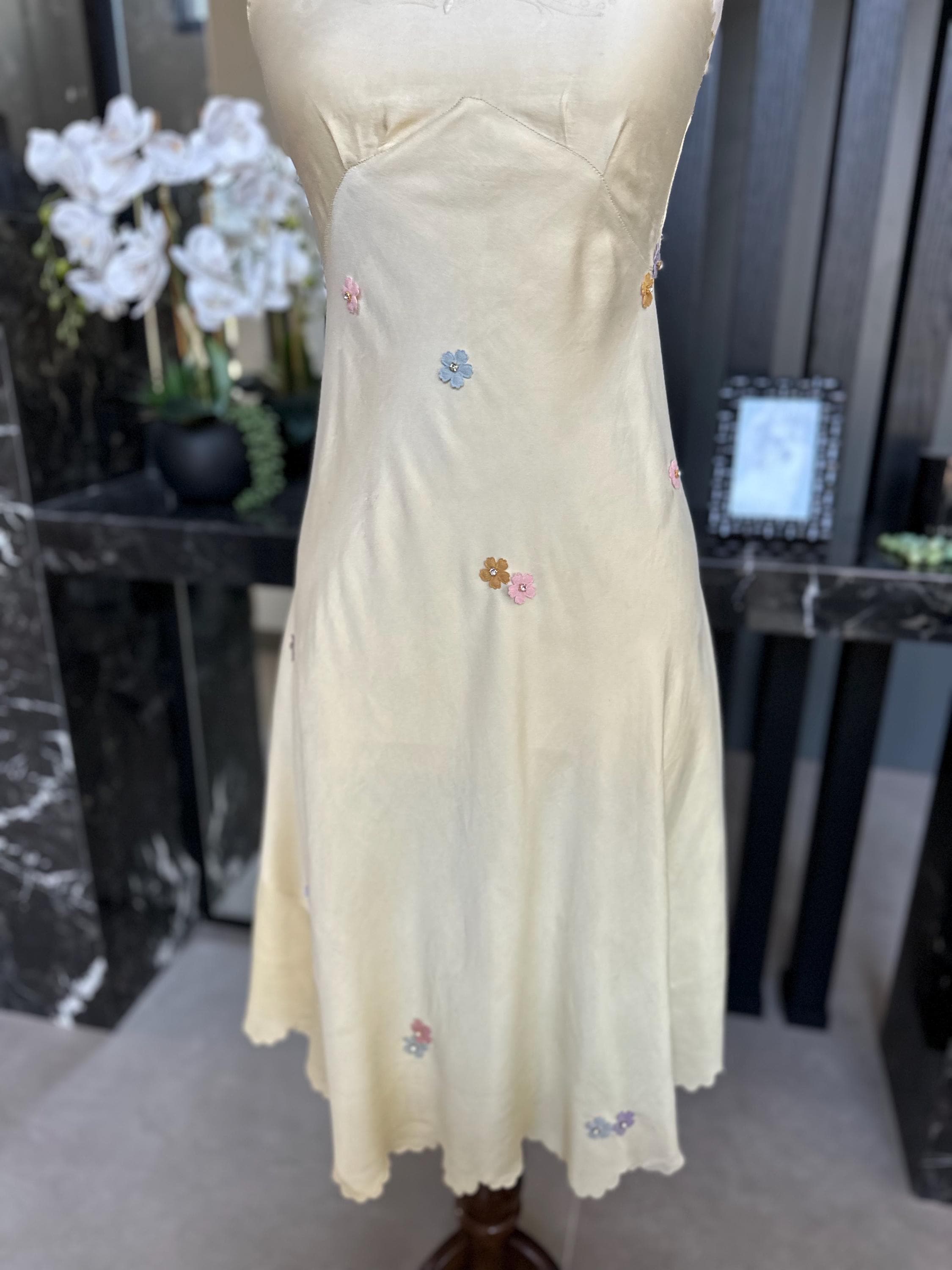 The Summer in Provence Silk Gown – Authentic 1940s Buttercream Silk with Florals applique