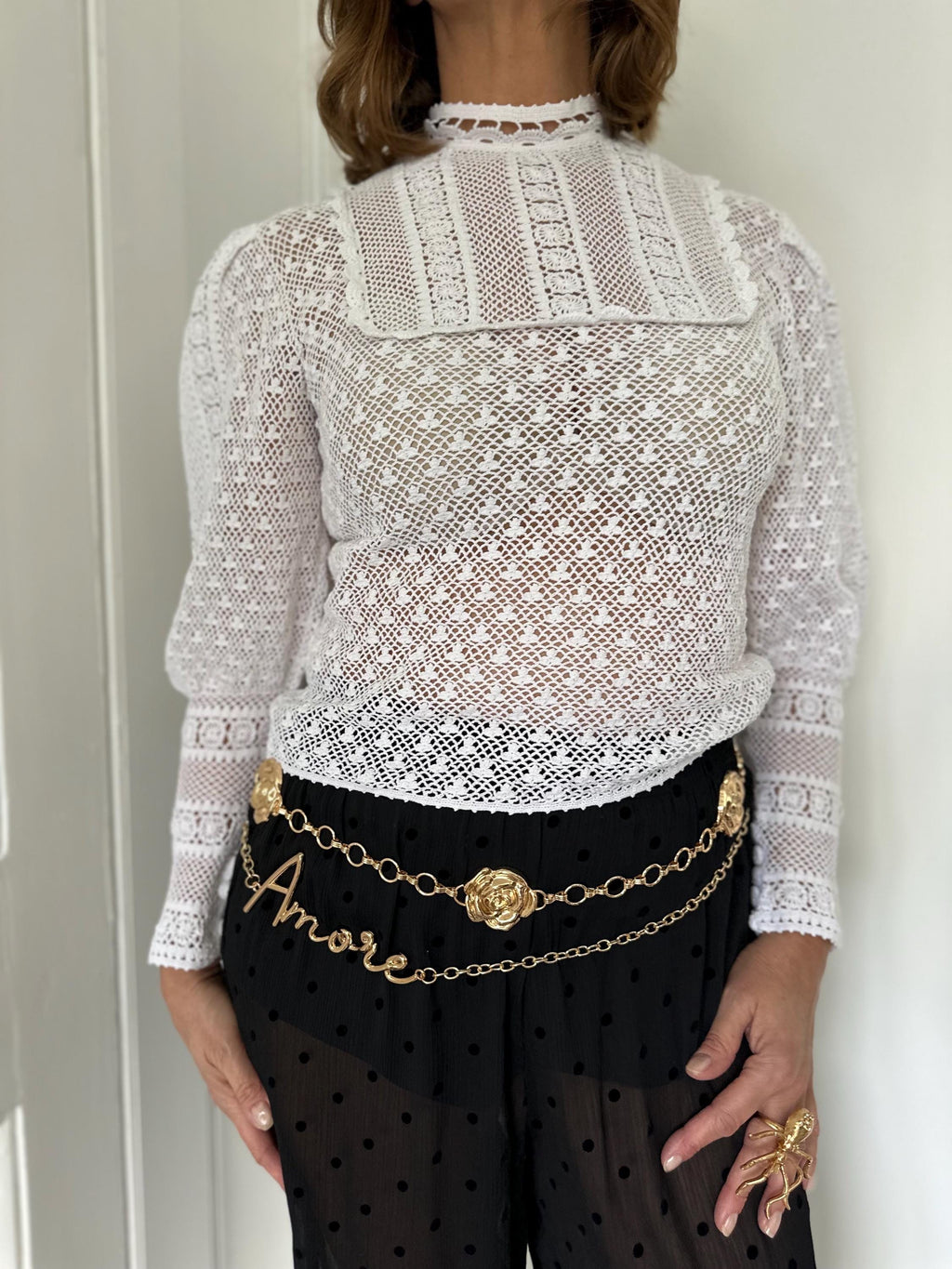 Vintage 1970s hand crochet white  Victorian style mutton sleeve blouse