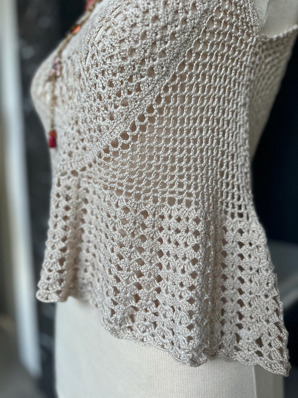 Hand Crocheted Beige Tank Top – Boho Lace Knit Sleeveless Peplum Shirt