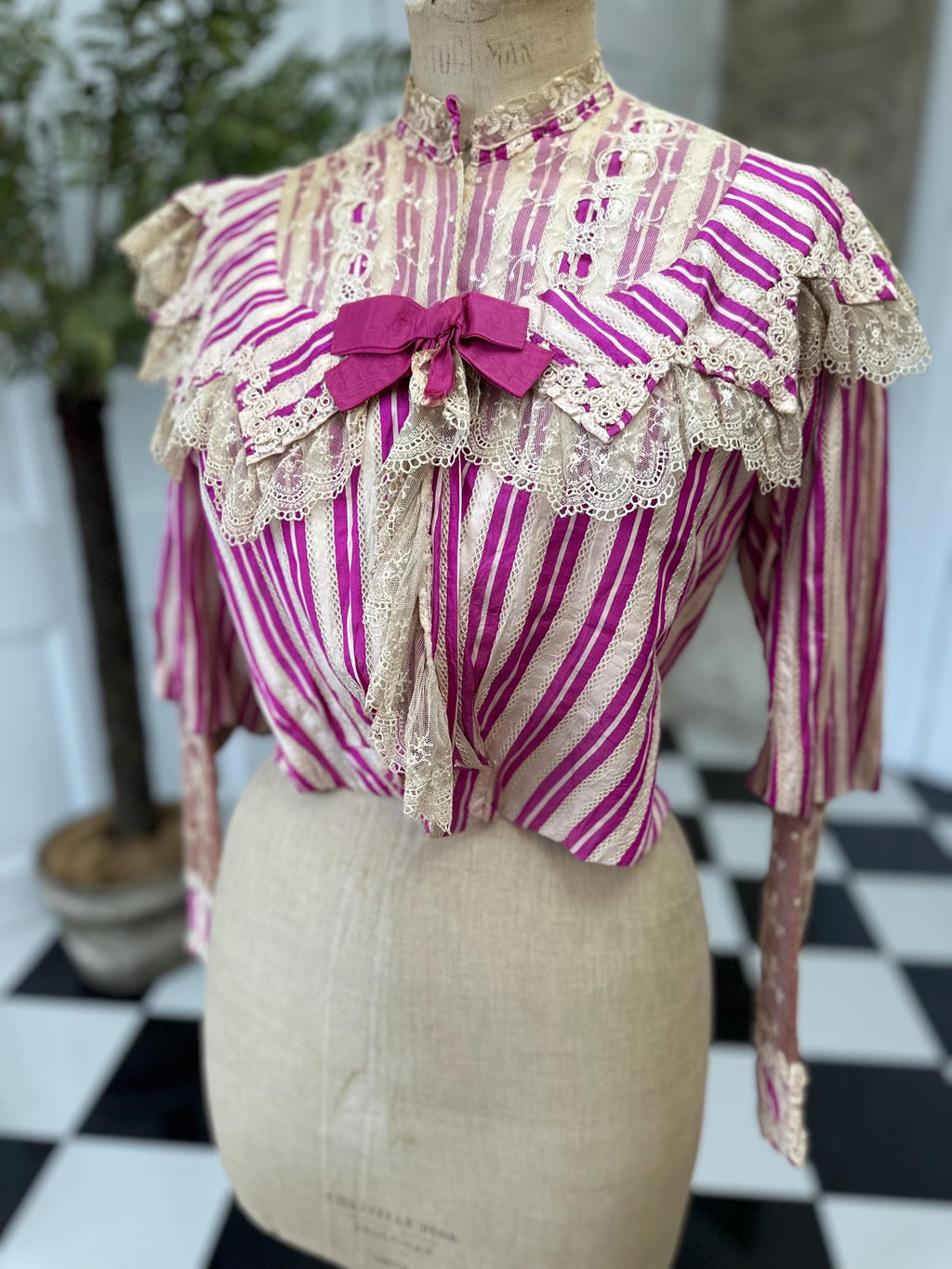 Edwardian Hot Pink Striped Silk Bodice with Lace