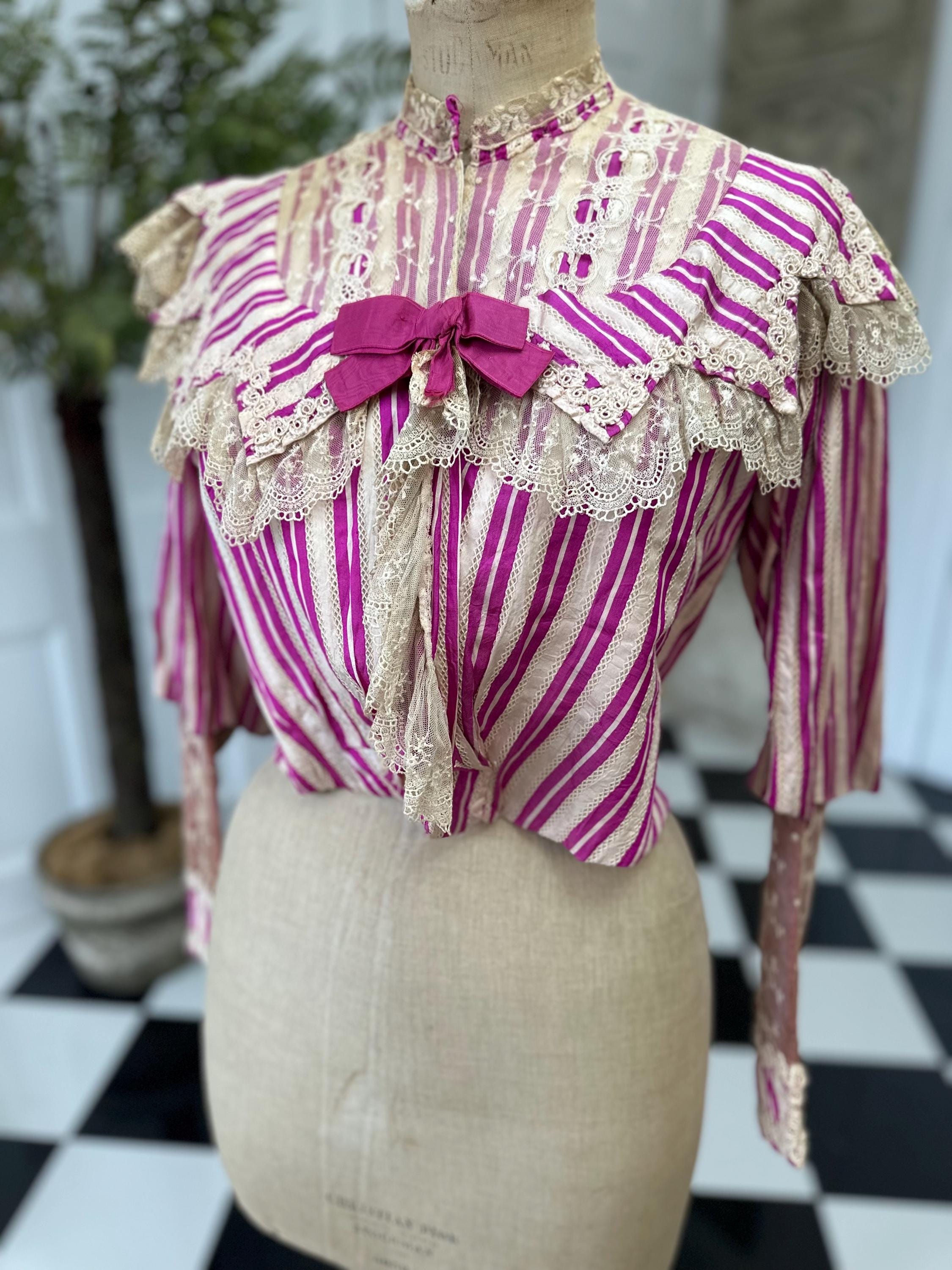 Edwardian Hot Pink Striped Silk Bodice with Lace