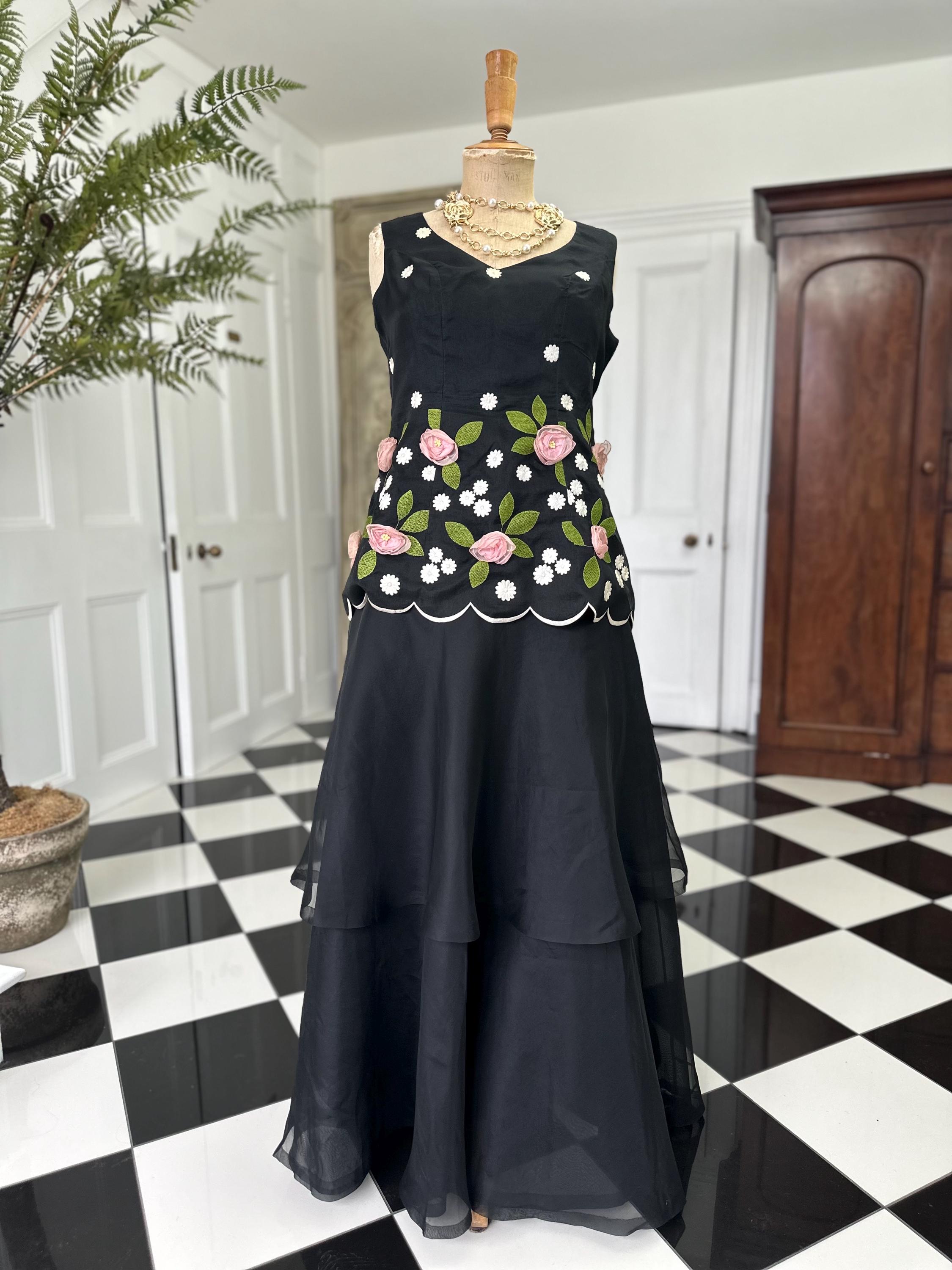 Vintage 1950s silk organdie 2 piece set 3D floral blouse with tiered skirt