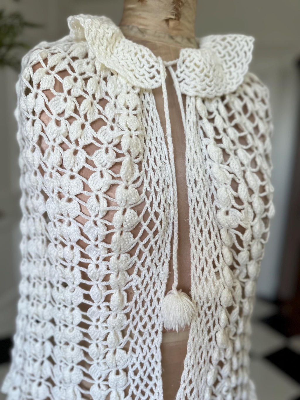Vintage Off-White Hand Knitted Cape with Ruffle Neckline  and Pom Poms