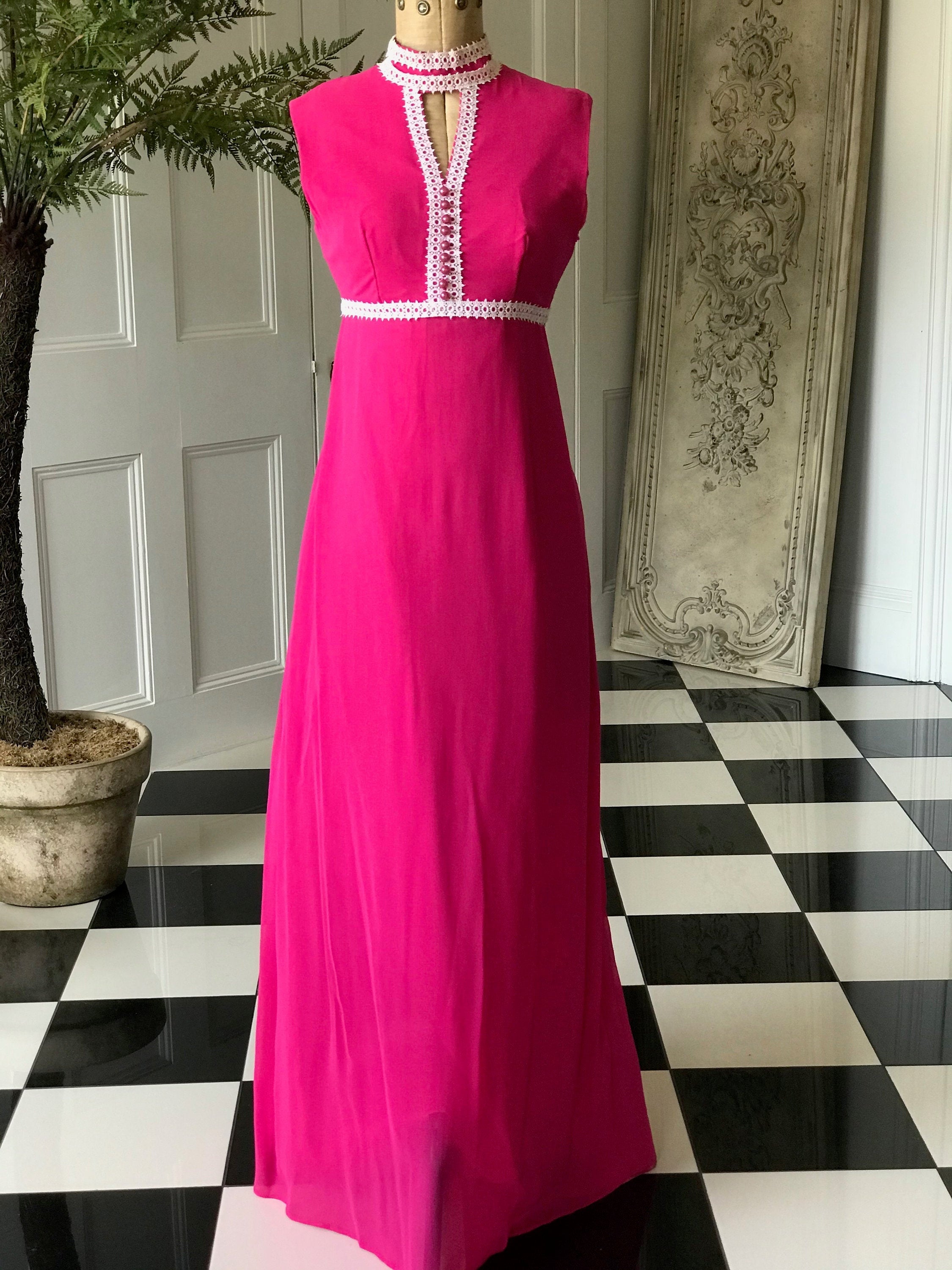 Vintage 1970s Sleeveless hot pink chiffon maxi dress with pearl buttons