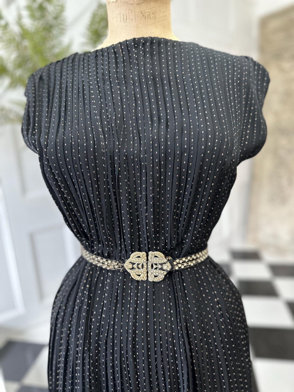 1940s Black with gold thread accordion pleat dress