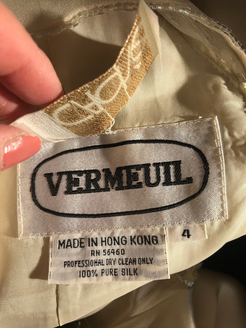 1980s sexy stylish wedding dress silk and pearl embellishment label Vermeuil cache