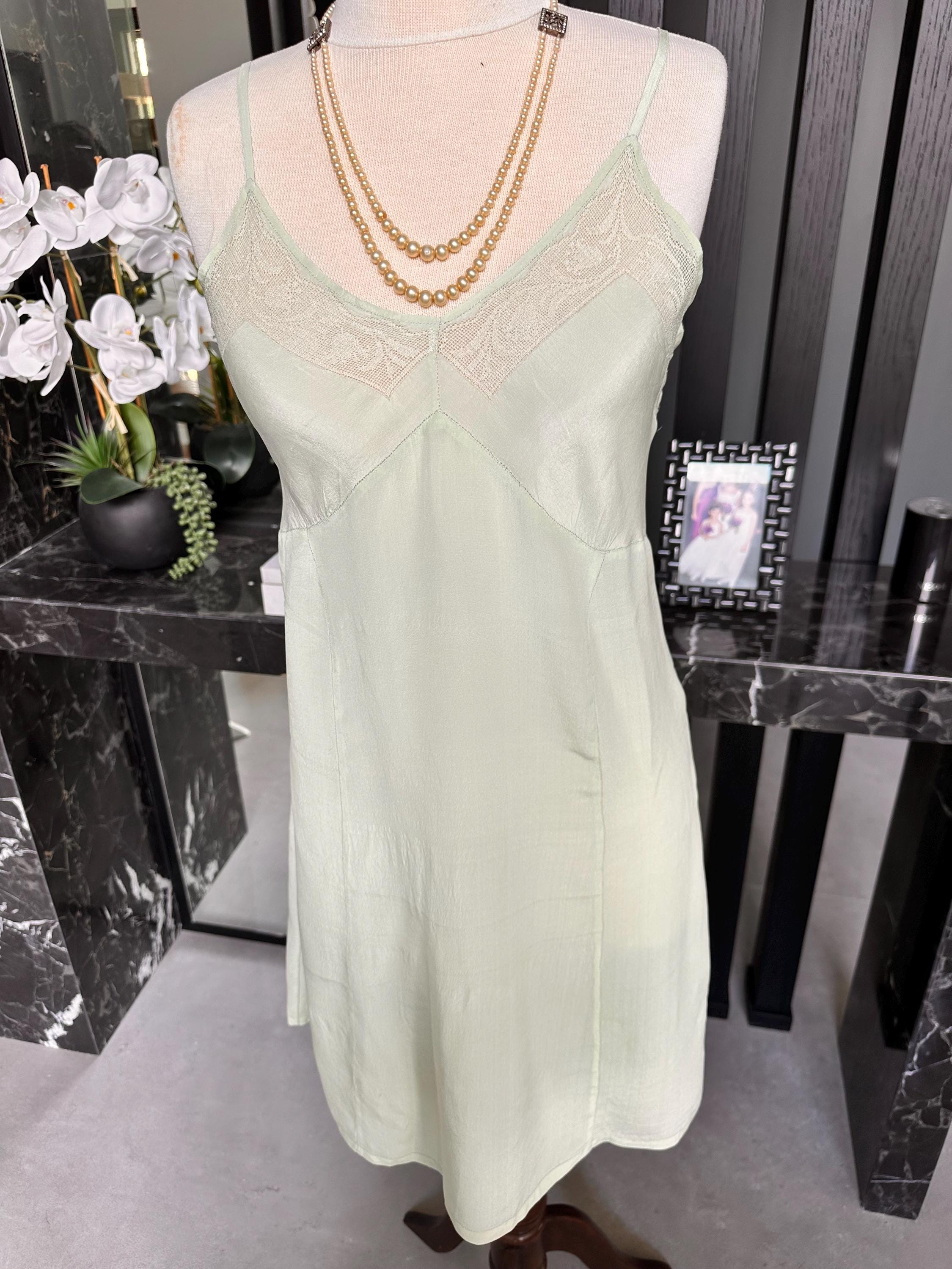 Antique 1930s Mint Green Silk Slip – Authentic Lace Inset Bias-Cut Dress