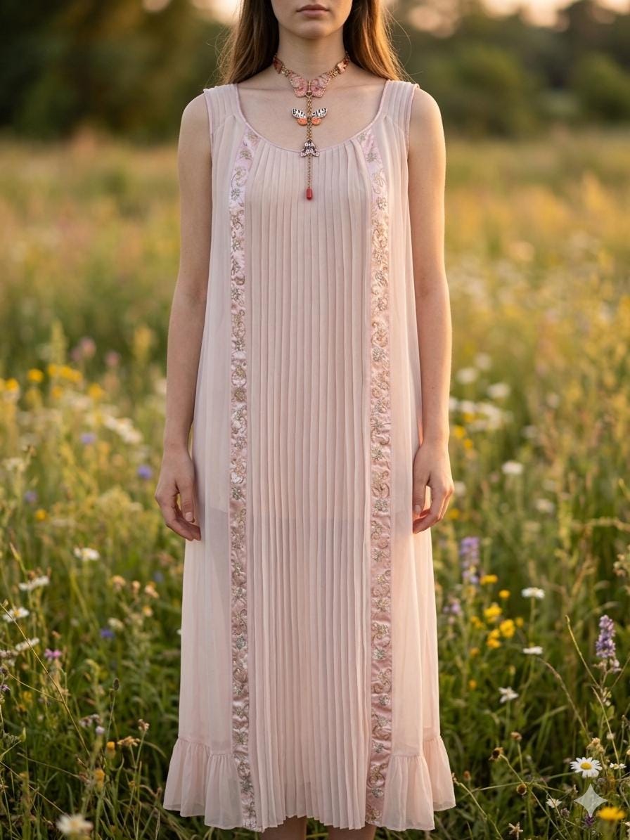 Antique 1920s-1930s Pink Silk Pleated crepe sheer Gown – Authentic Art Deco Floral Trim Maxi