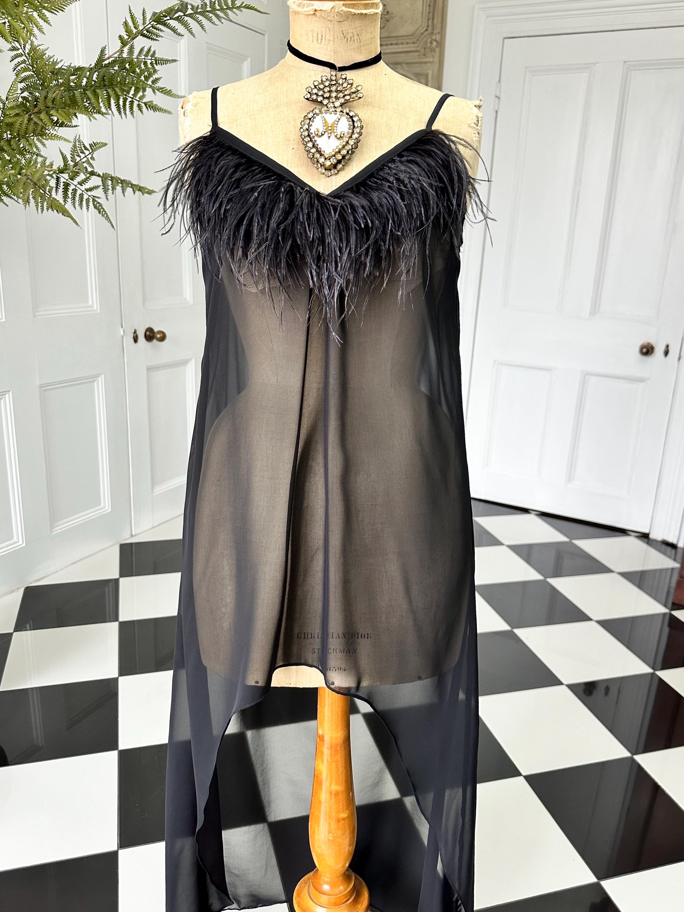Vintage inspired black sheet chiffon high low slip dress with ostrich feather