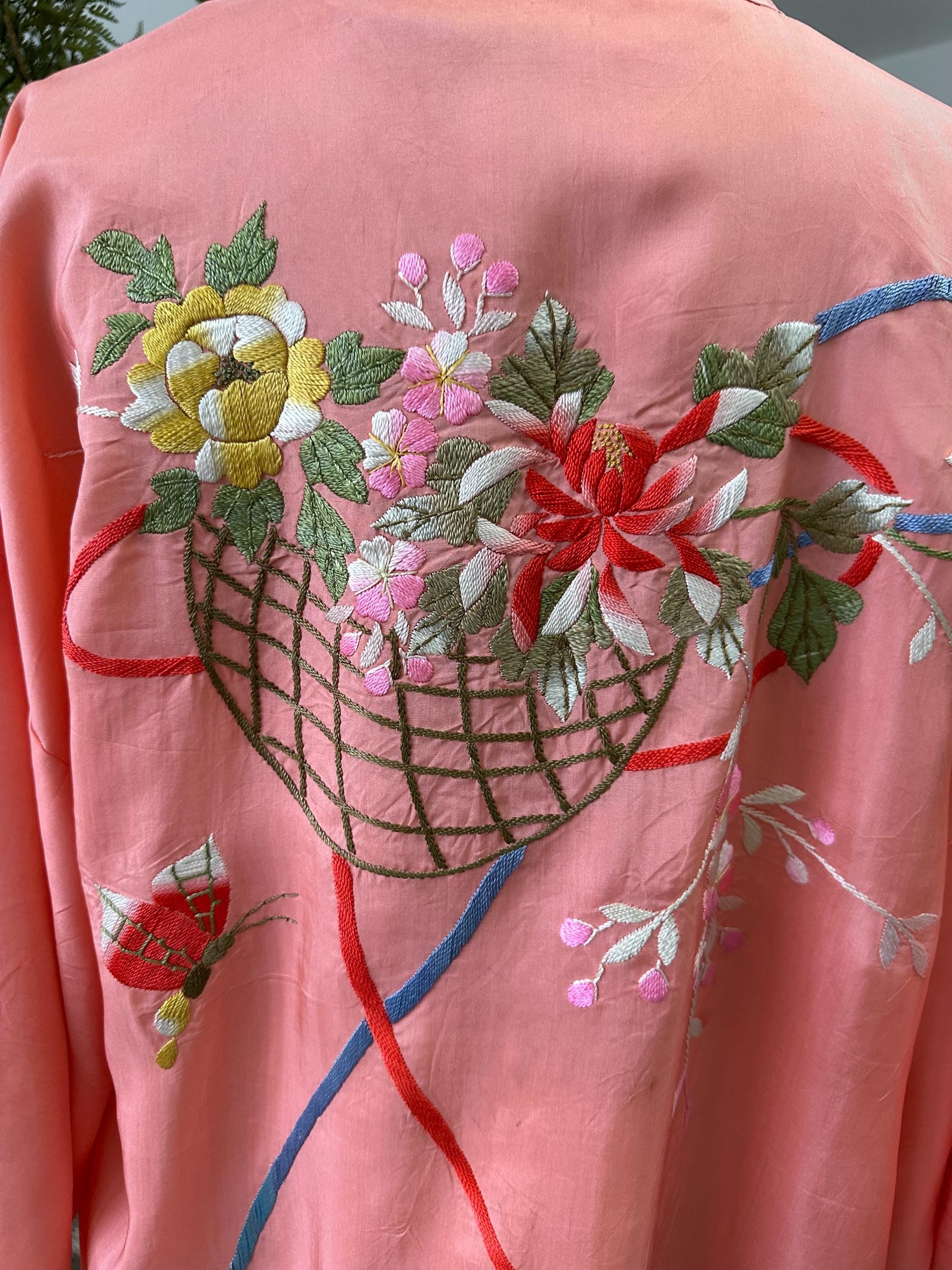 vintage pink silk hand embroidered kimono Japanese  Haori