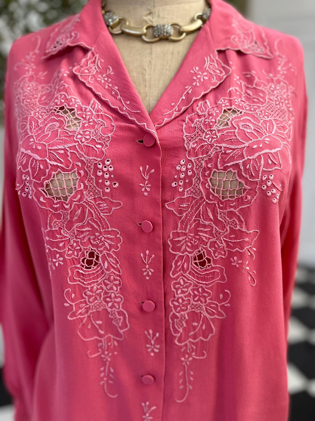 Vintage rose pink hand embroidery long sleeve blouse  large Uk 14 to Uk 16