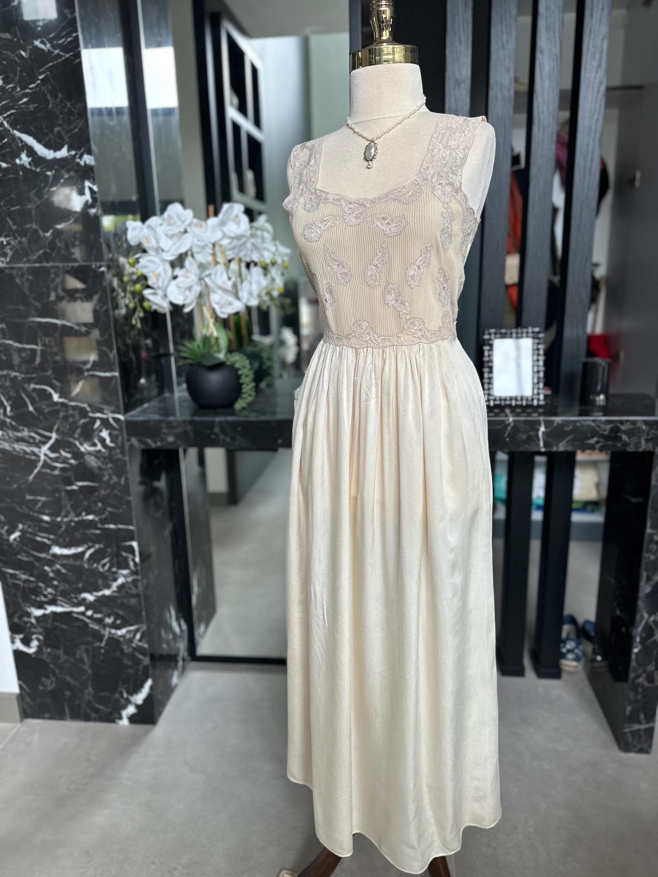 1930s Liquid Silk Maxi Gown: Antique Lace, Embroidery, Old Hollywood Style