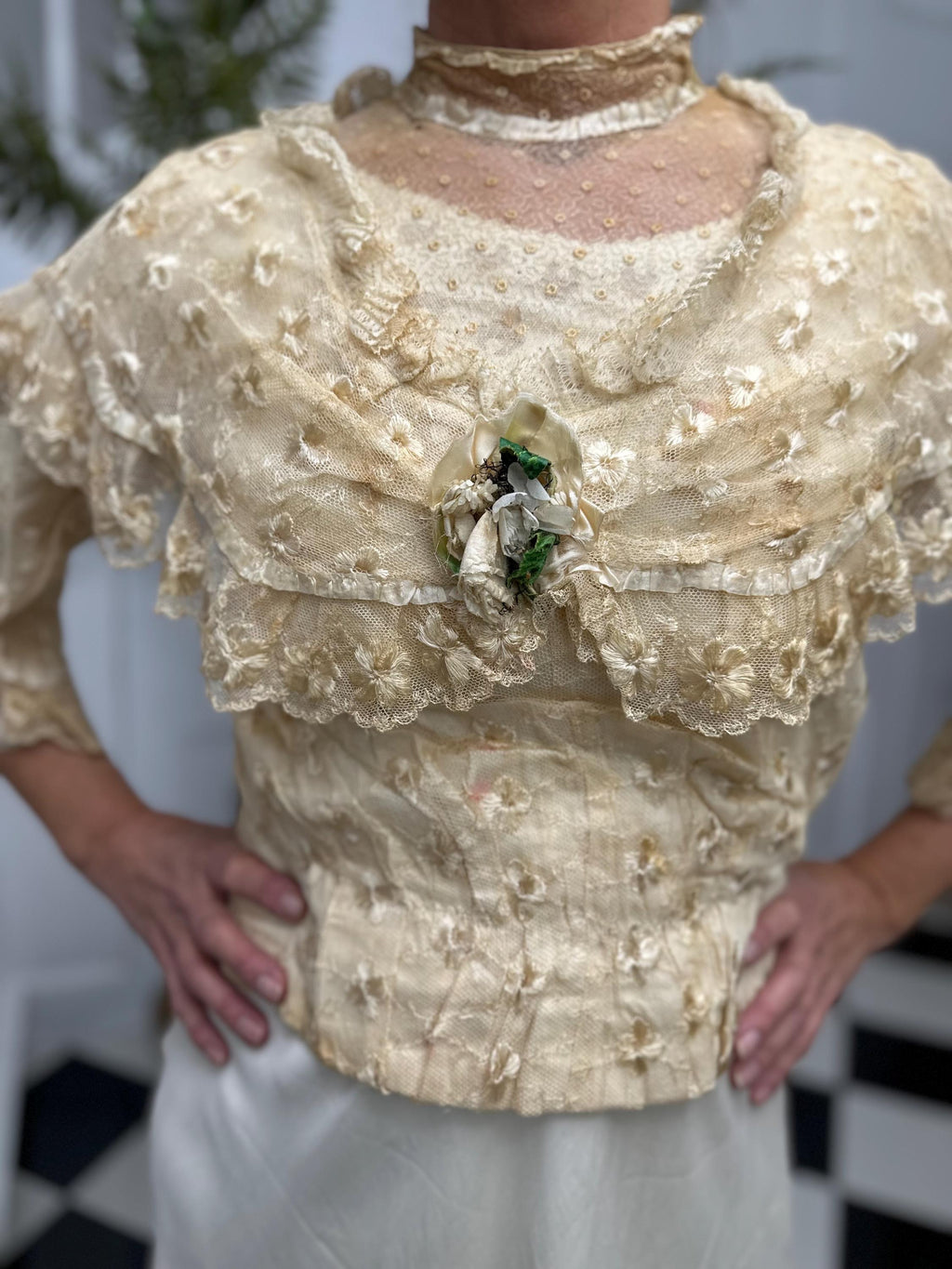 Romantic Lace Bridal Bodice Silk Embroidery with Floral Corsage and Silk Ribbon Details